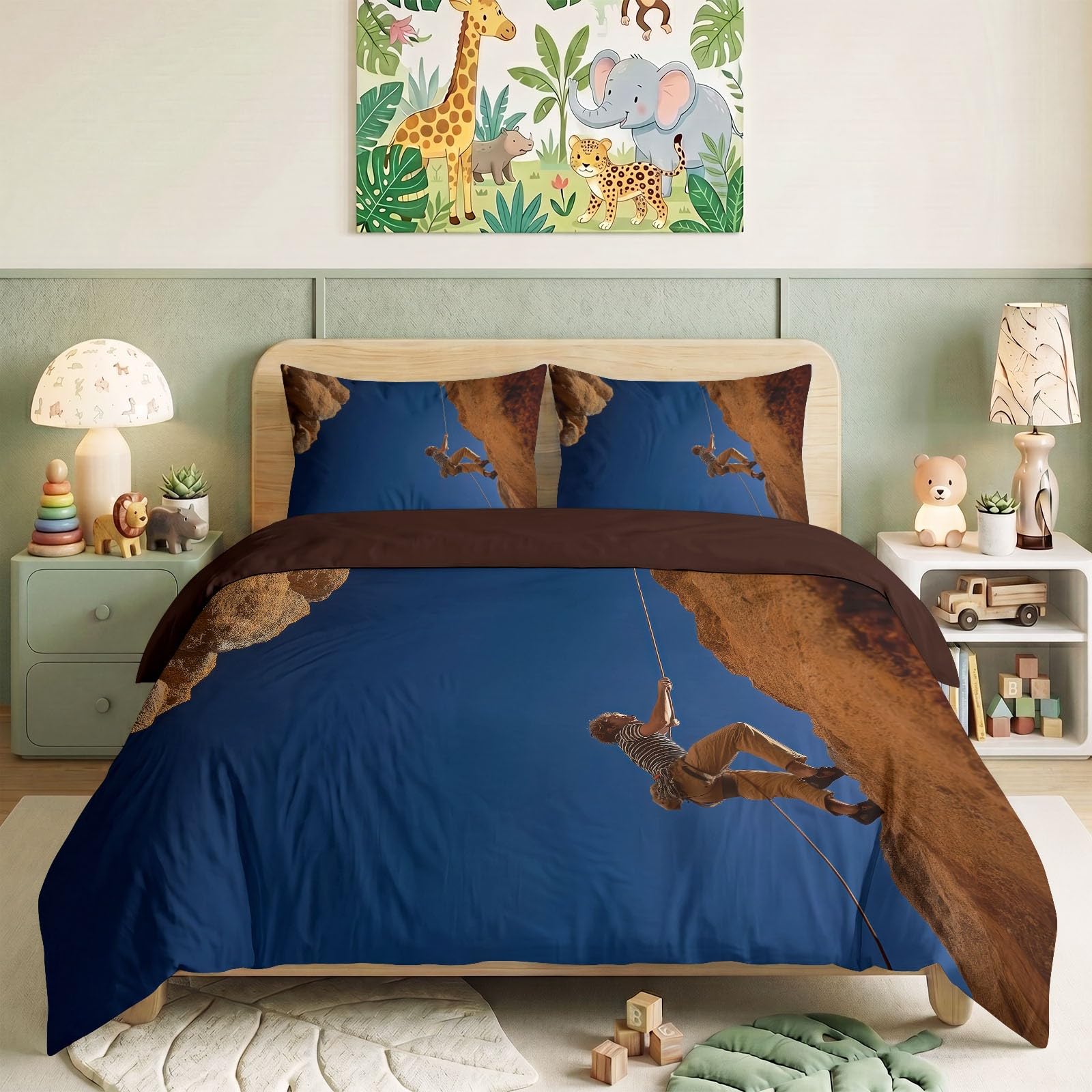 Generisch Bettwäsche Set 3-teilig 200 x 200 cm, Natur Kinderbettwäsche Mikrofaser mit Reißverschluss - Bettbezug Kletterer Klippe für Jungen Mädchen Dunkelbraun Bettwaren