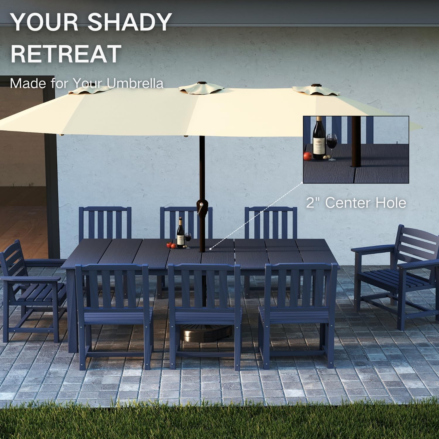 Kingdura 9 Piece Patio Dining Set for 8, HDPE Outdoor Table & Chairs with Umbrella Hole, All-Weather Outdoor Furniture Patio Conversation Set for Lawn Pool Backyard, Navy Blue