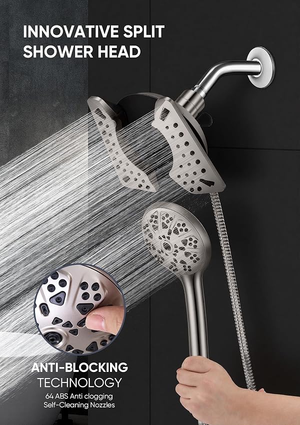 Shower Head with Handheld High Pressure, Rain Shower Head with Fixed Showerhead and 9 Sprays Handheld Shower, Detachable 2-IN-1 Shower head with 59" Rotatable Stainless Steel Hose (Nickel) by Liyelonda - Used condition - Image 4