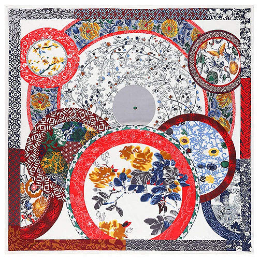 Foulard imprimé floral bleu femmes : grand carré en soie de 130 cm pour bandana et hijab