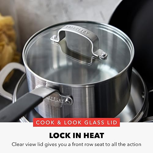 Miniatura 8 de GreenPan x Bobby Flay - Juego de 12 piezas de ollas y sartenes de acero inoxidable, grado profesional tricapa, Multiclad, antiadherente de cerámica