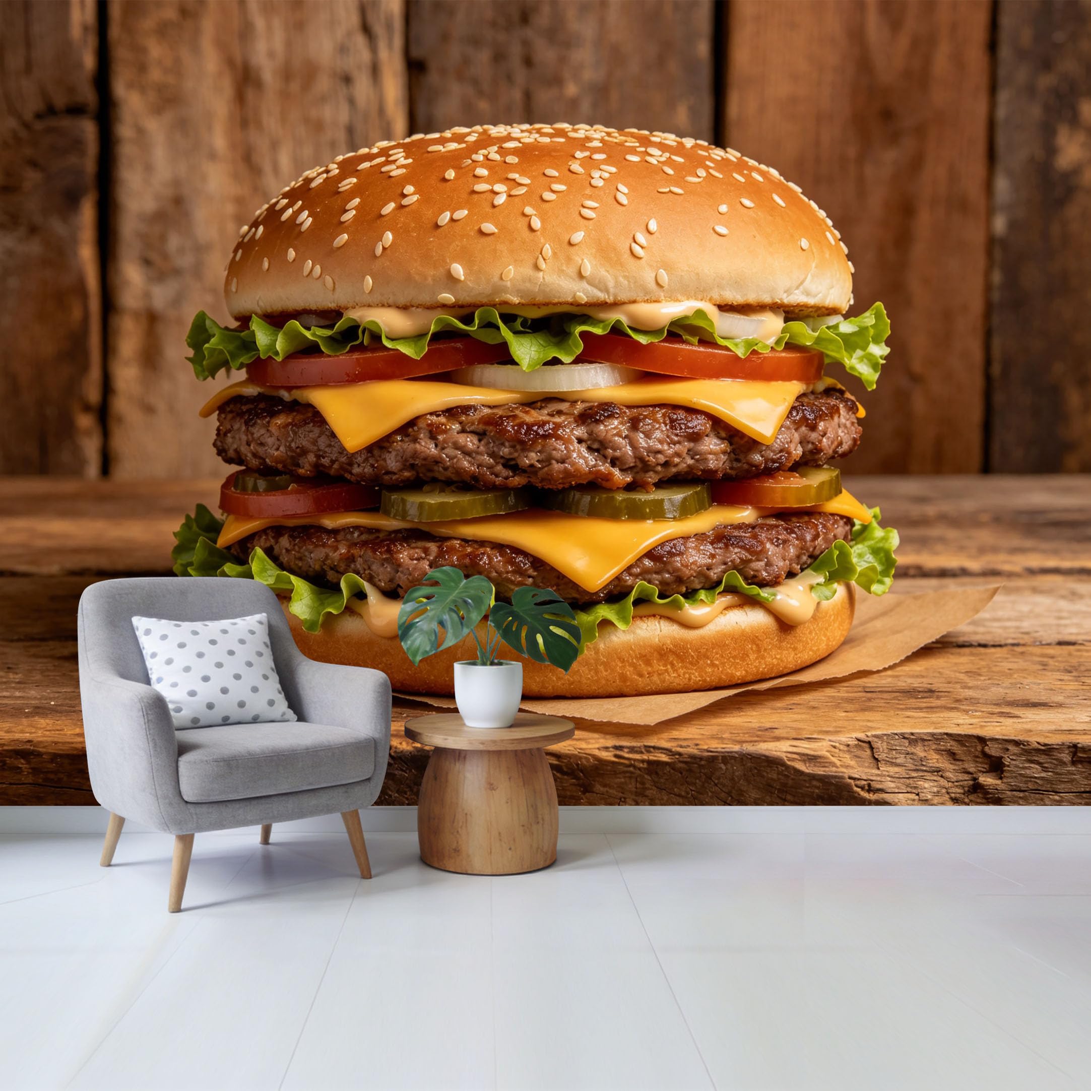 Qzlithotic Yq2605251125 Custom Size Wall Mural Gourmet Double Cheeseburger Rustic Wood Background Food Photography 3D Selfadhesive Wall Fabric Removable Wallpaper For Home Office Decor