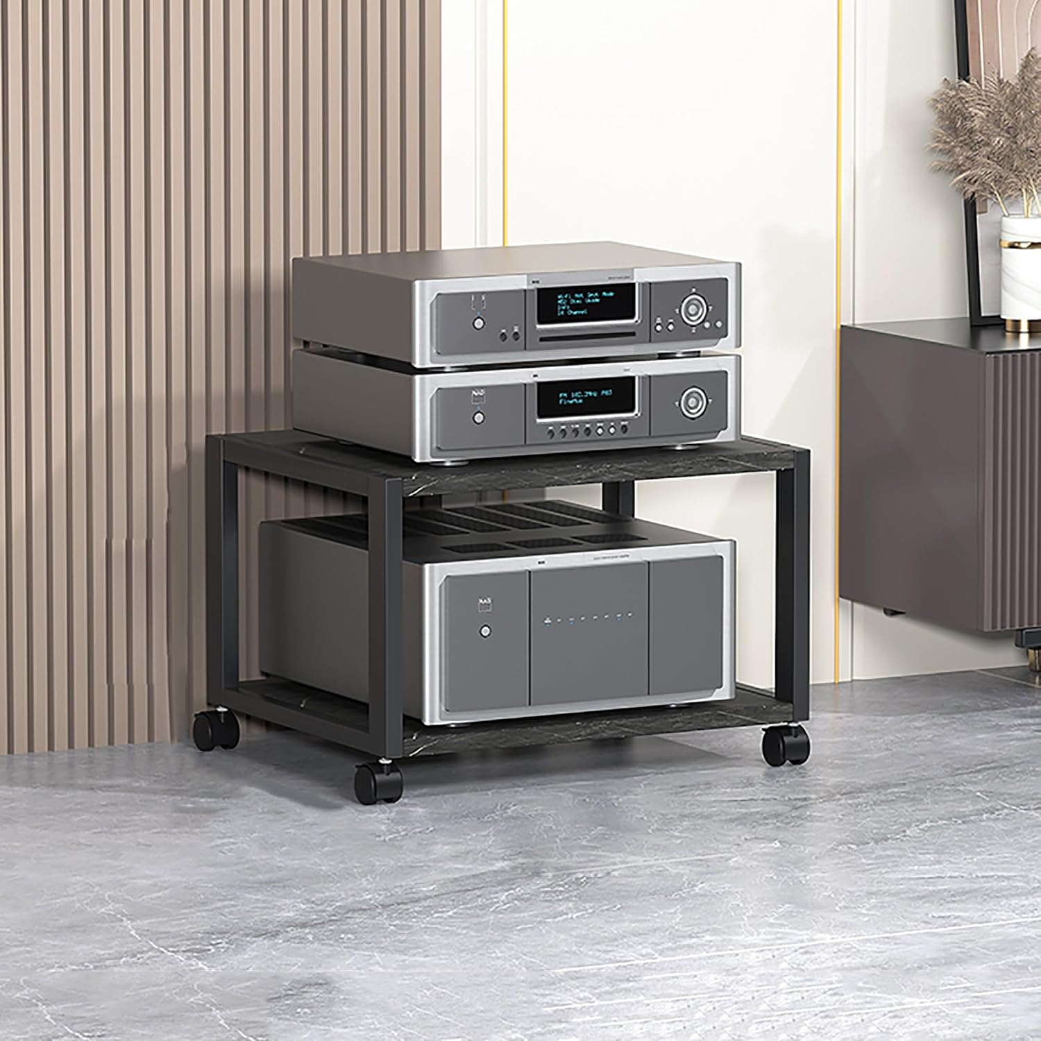 Stereo Stand and Audio Cabinet, 2-5 Tier Media Stand with Adjustable Shelves, Corner Entertainment Center for TV and Gaming Equipment, small media console, small tv stands for living room(Black,50x40x