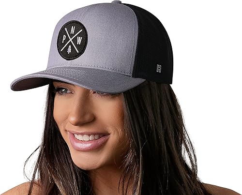 Miniatura 4 de HAKA PNW Sombrero  Pacific Northwest Trucker Mesh Snapback Gorra de béisbol (grisnegro), Parche negro - Sombrero gris y negro