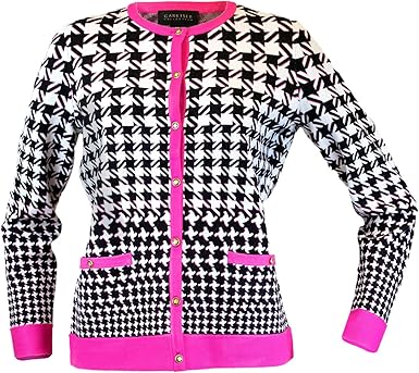 pink cardigan with black trim