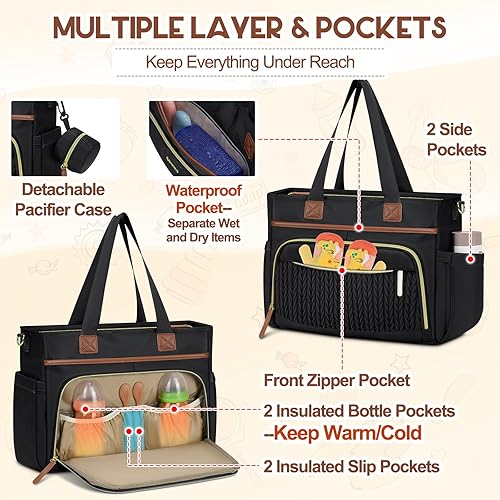 Miniatura 4 de RAINSMORE Bolsa de pañales, bolsa grande para pañales impermeable, bolsa de pañales multifunción con estuche para chupete y cambiador