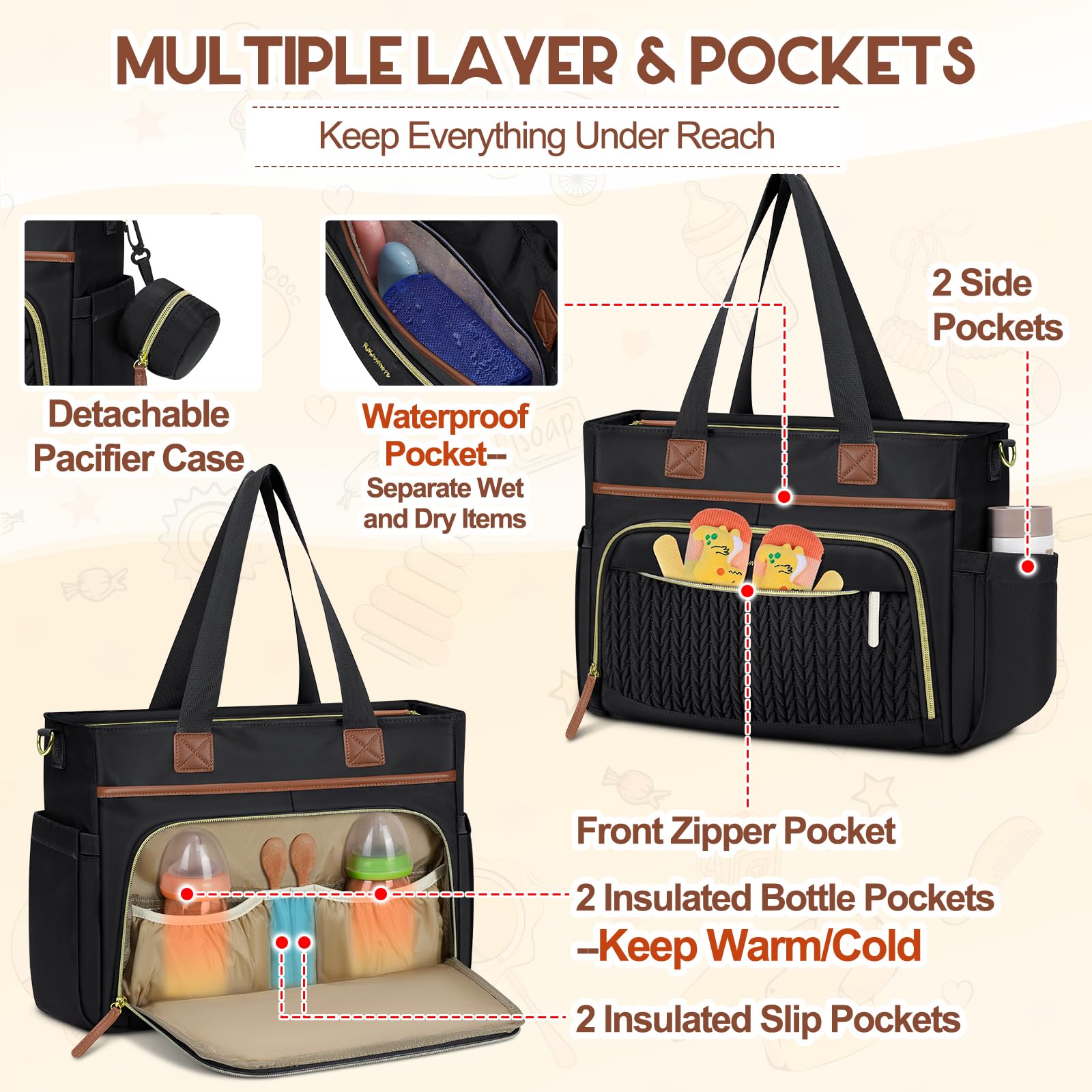 RAINSMORE Sac à langer fourre-tout pour bébé avec étui à tétine, grand sac à langer de voyage pour maman et papa, sac multifonction pour bébé