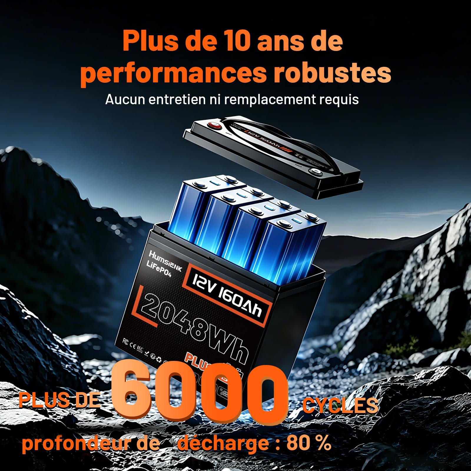 Batterie LiFePO4 160 Ah Plus HumsiENK – Batterie Lithium 12 V Haute Performance, 2048 Wh, BMS Intelligent, IP65, Compatible RV/Solaire/Bateaux – Version Ultra de la Batterie LiFePO4 12 V 160 Ah