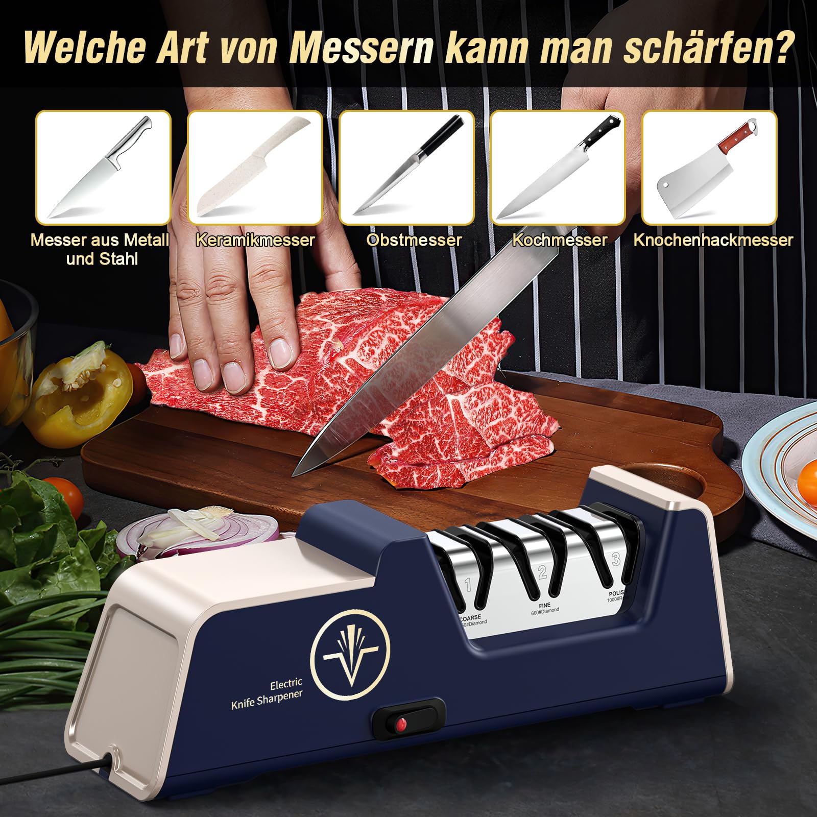 Professioneller elektrischer Messerschärfer mit Diamant-Schleifmitteln und Präzisions-Winkelführungen für Keramikmesser