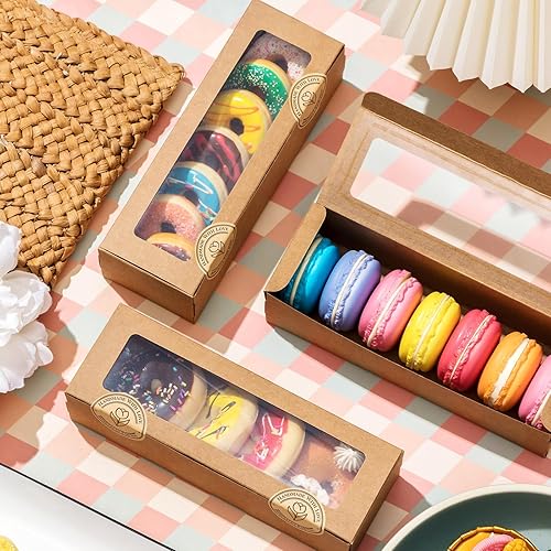 Miniatura 4 de Sherr 100 cajas de macarrones marrones con ventana, cajas de galletas con 200 calcomanías largas para panadería y postres para donas, pasteles,