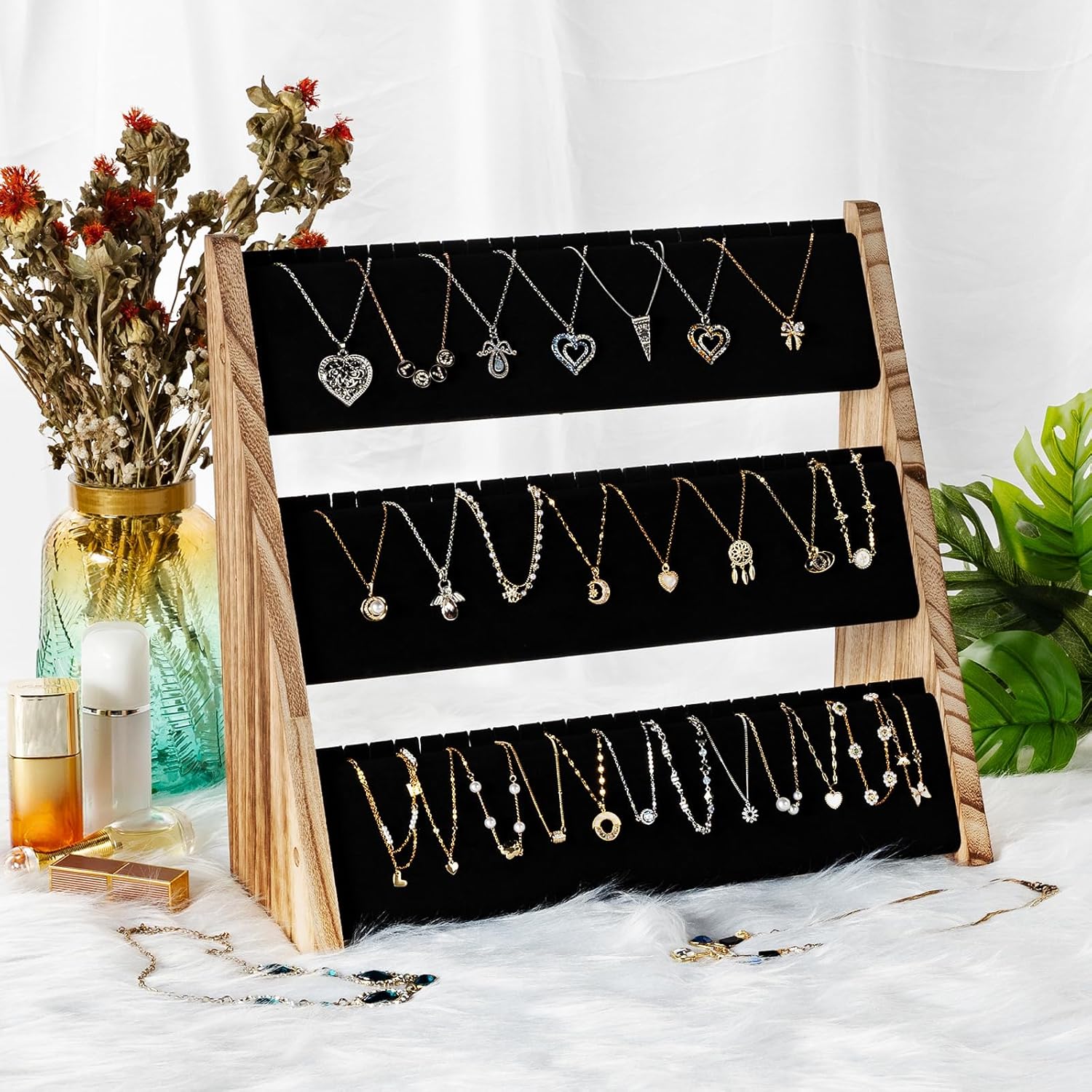 Necklace Holder, 3 Tier Necklace Organizer Stand with Velvet, Wood Necklace Display Stands for Selling, Jewelry Display Stand for 72 Necklaces Bracelets (Brown)