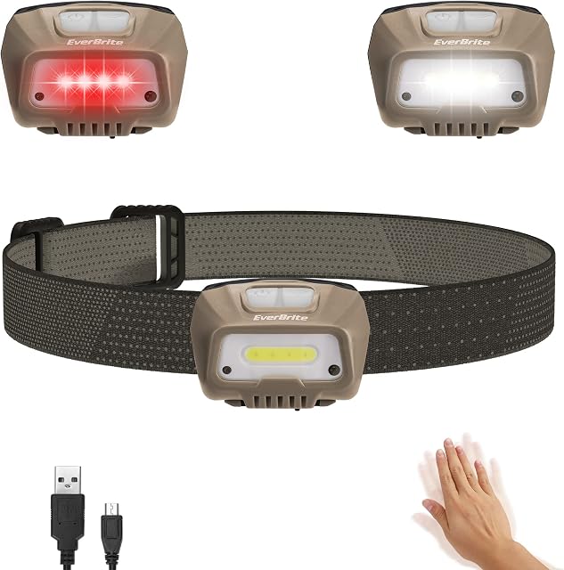 EverBrite Head Torch Rechargeable with Motion Sensor, 350 Lumen Super Bright Lightweight COB Headlamp, 6 Modes Adjustable Red Headlight for Running, Camping, Hiking, Fishing, Hunting, Cycling-Khaki
