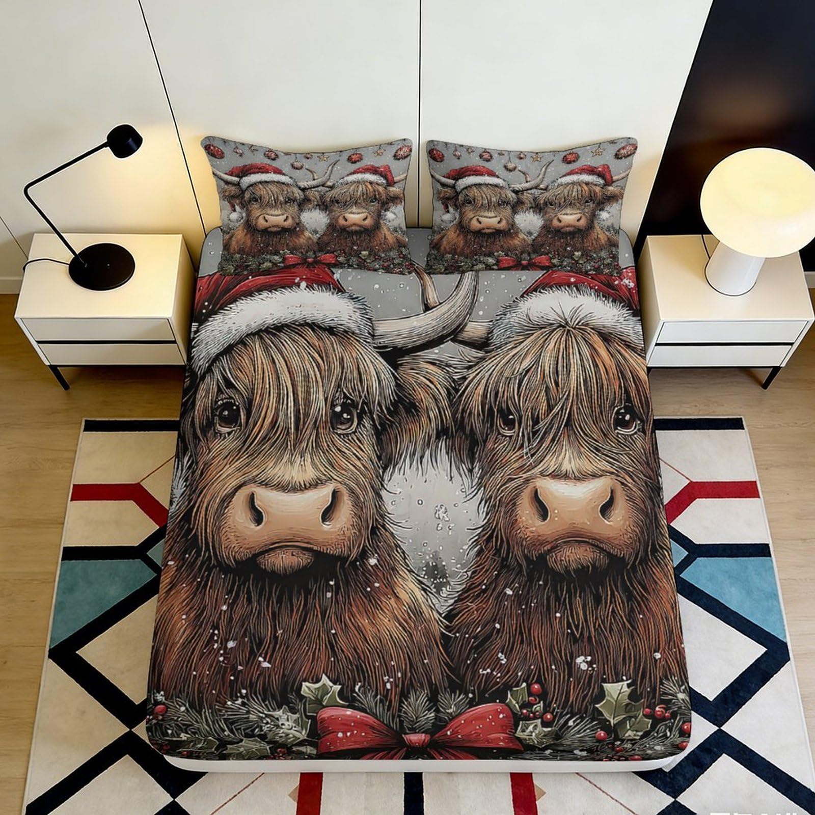 3D Printed Christmas Highland Cow Fitted Sheet Microfiber Non-Slip Bed Cover Santa Hat Decor for Bedroom Guest Room 120x200x25cm