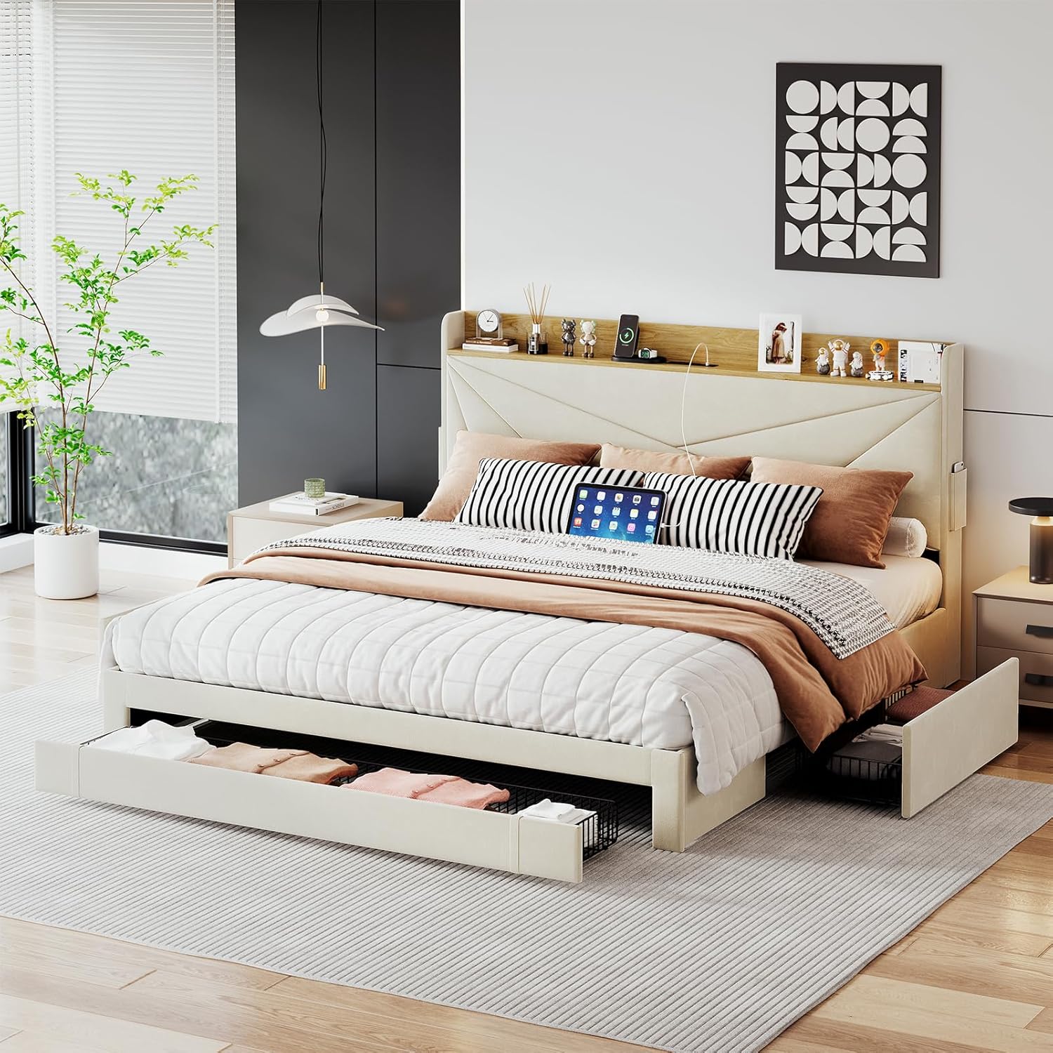 Queen Bed Frame with 3 Drawers, Upholstered Bed Frame Queen with Storage Headboard, AC USB & Type C Charge Station,Wooden Support Slats No Box Spring Needed Easy Assembly,Beige