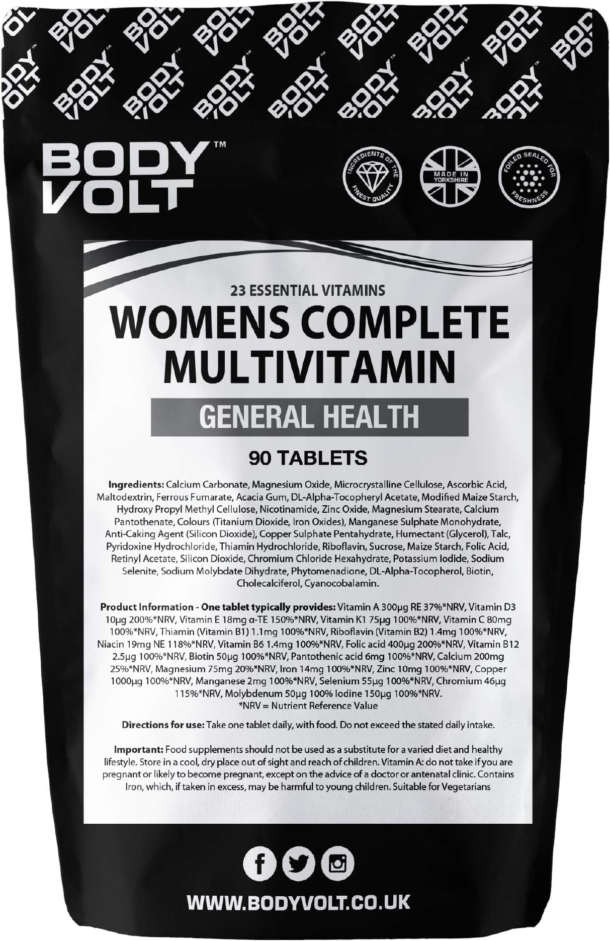 Body Volt Women's Multivitamin 90 Tablets | Contains Vitamin C D3 A E with Zinc, Folic Acid, Calcium & Iron | One a Day 3 Months Supply (90)