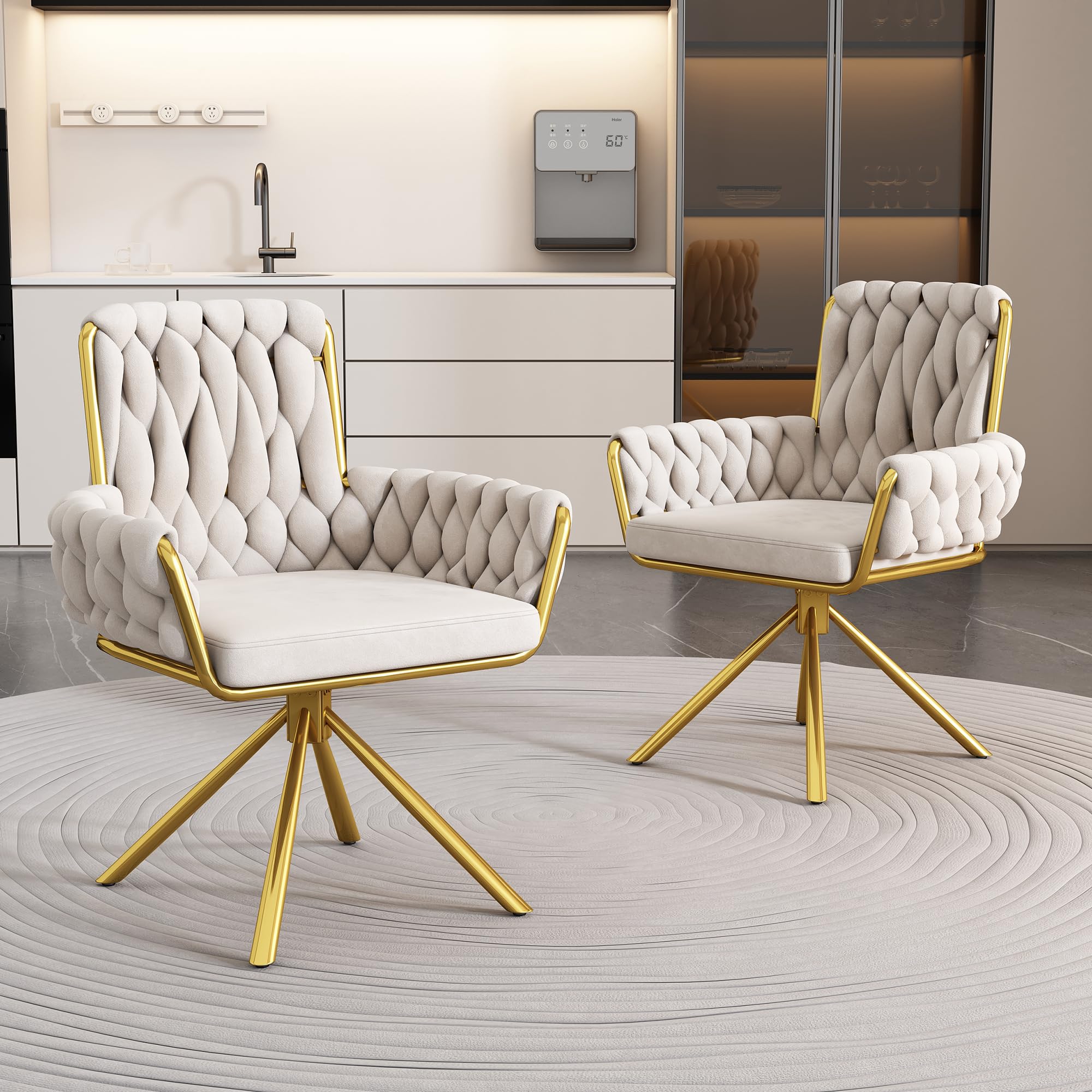 ModernLuxe Dining Chair Set of 2, 360° Swivel Armchair with Metal Support Legs for Dining and Living Room Vanity Beige — image 1