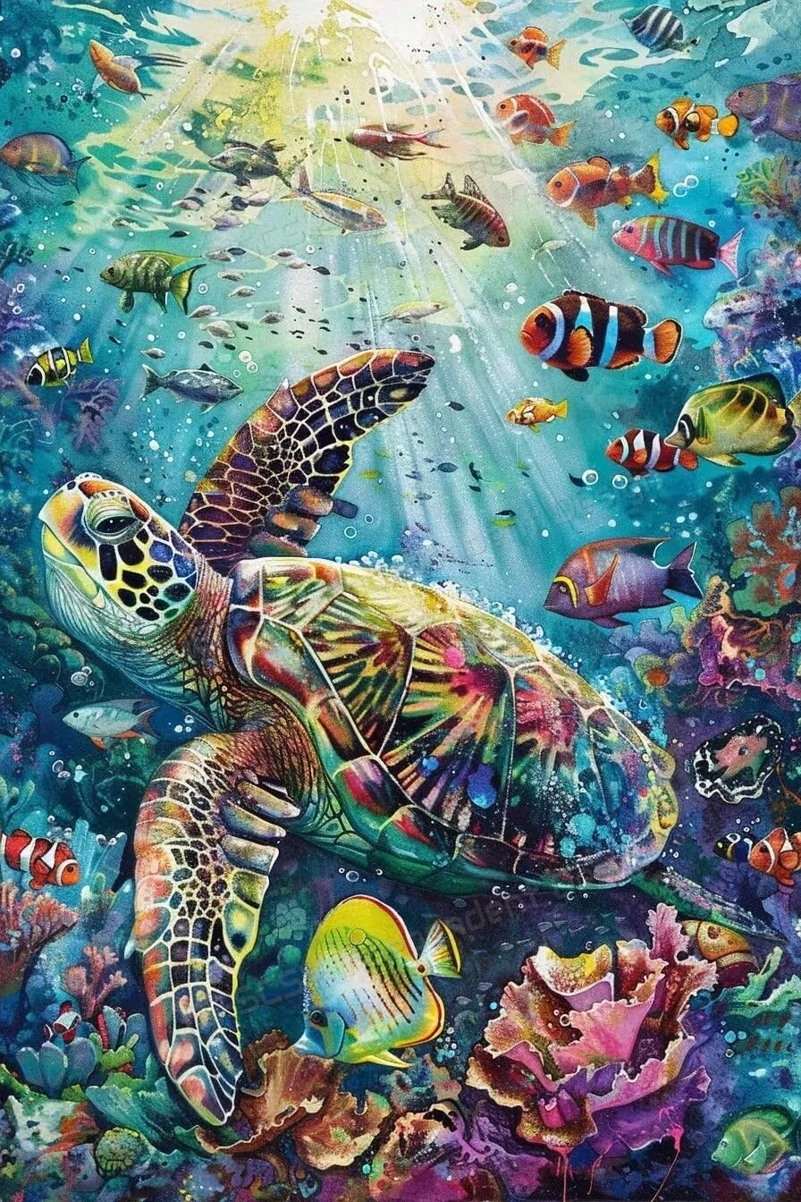 Amazon.com: ZKOPAVS Framed Canvas Wall Art Coral Turtle Sea Modern