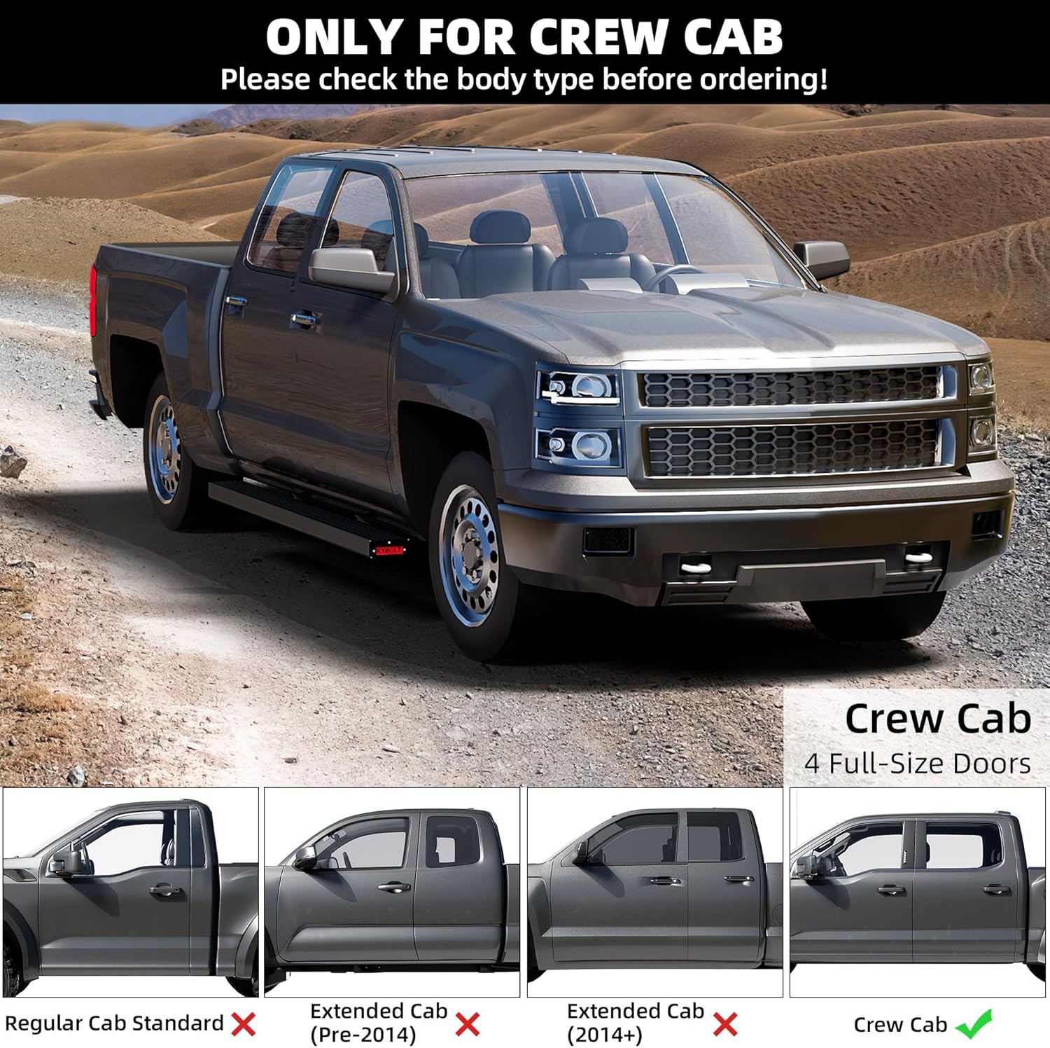 84.25" x 8.66" x 8.66" Black Aluminum Running Boards for Chevy Silverado Sierra 1500 2500HD 3500HD Double Extended Cab 2007-2019 Non-Slip Side Steps