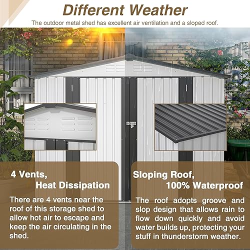Miniatura 6 de SPOWAY Cobertizo de almacenamiento para exteriores de 8 x 6 pies, cobertizo de almacenamiento de metal con puertas batientes con doble cerradura,