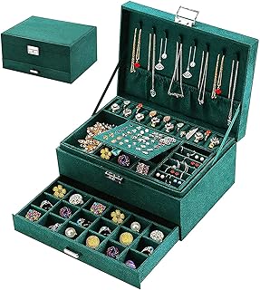 صندوق مجوهرات بسعة كبيرة من 3 طبقات مع درج قابل للقفل لتخزين وتنظيم المجوهرات والخواتم والحلقان والقلائد والاساور سيسليا أخضر