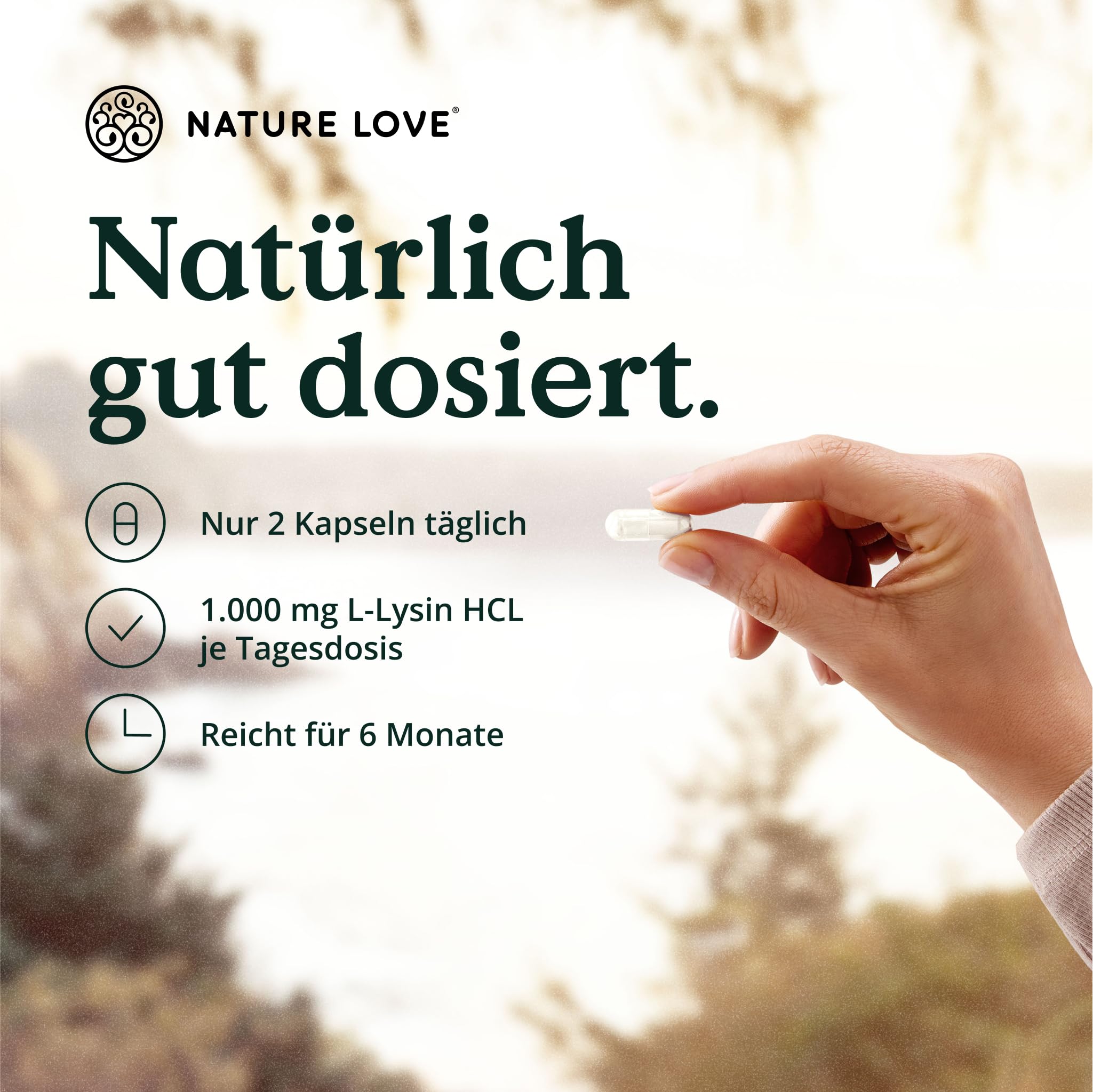 NATURE LOVE® L-Lysin - 365 vegane Kapseln - 1000mg L-Lysin HCL pro Tagesdosis - Lysin aus pflanzlicher Fermentation - 6 Monate Reichweite - Laborgeprüft, ohne Zusätze und in Deutschland produziert