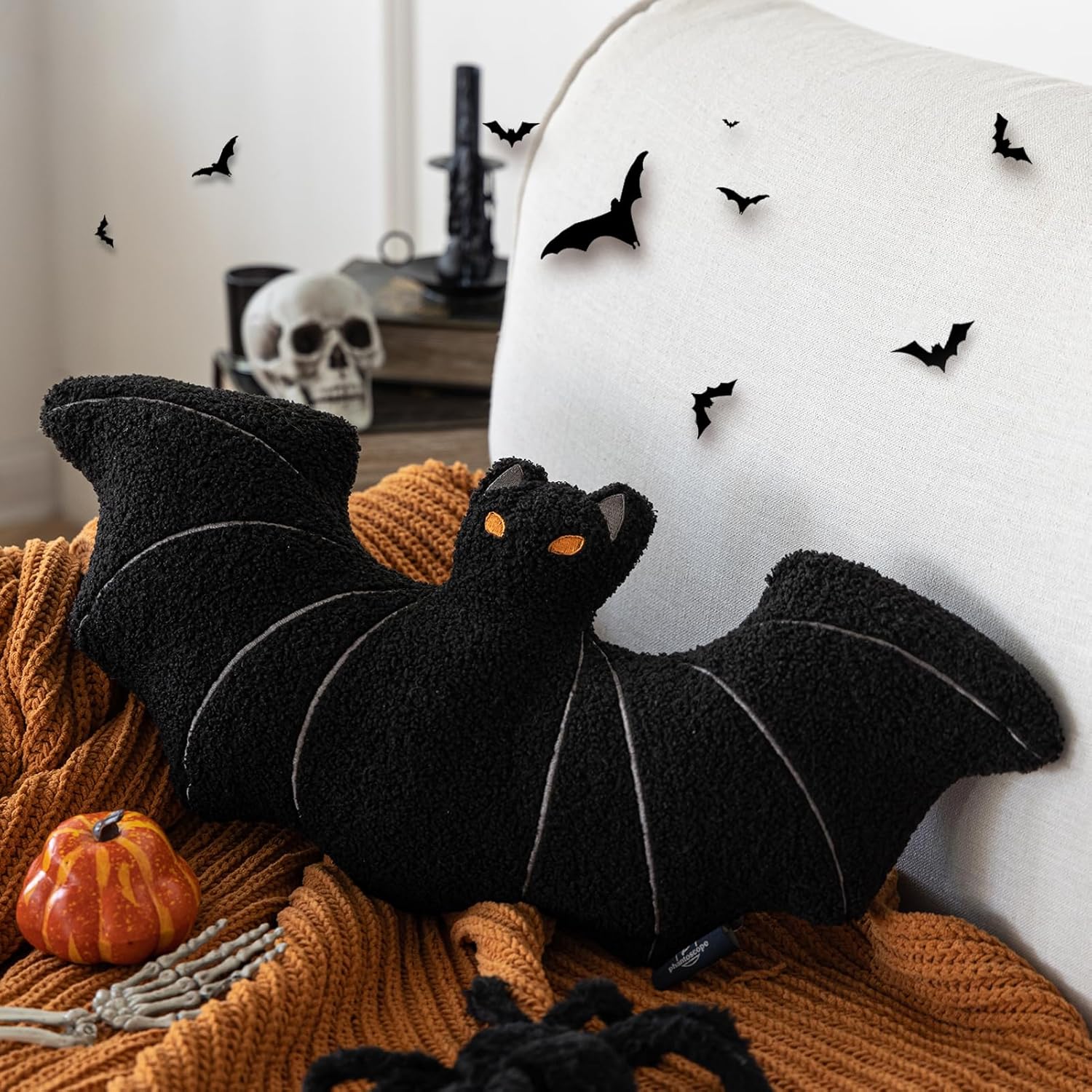 Phantoscope Happy Halloween Bat Shaped Throw Pillow, Large Body Pillow Teddy Fleece Embroidery Decorative Fall Decorative Halloween Pillow for Couch, Sofa, Bed, Black 22 x 48 inches