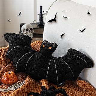 Phantoscope Happy Halloween Bat Shaped Throw Pillow, Teddy Fleece Embroi...