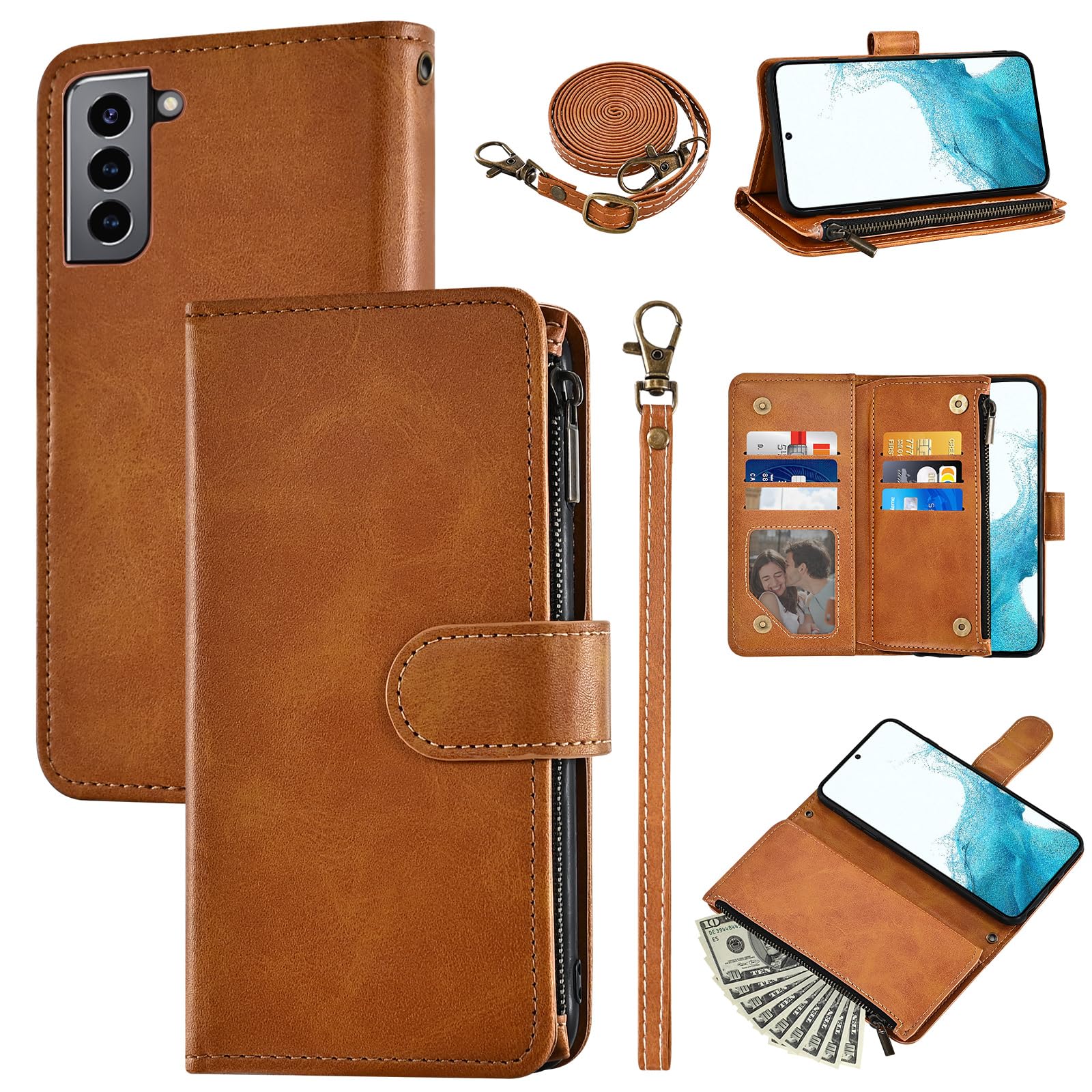 Furiet Wallet Case for Samsung Galaxy S22 Plus S22+ 5G with Wrist Strap and Shoulder Strap PU Leather Flip Stylish 6+ Card Holder Stand Cash Pocket Phone Cover for S22+5G S22plus 22S + S 22 22+ Brown