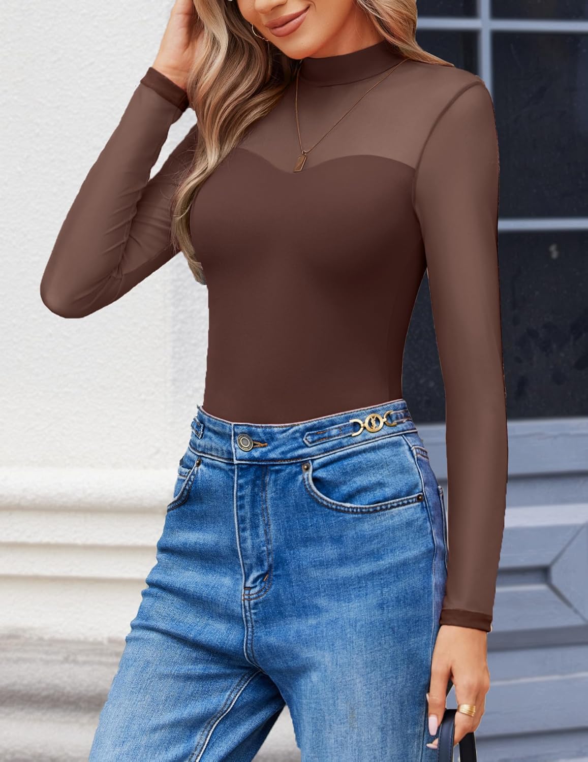 Avidlove Long Sleeve Bodysuits for Women Mock Neck Sheer Mesh Sleeve Bodysuit Double Lined Leotards Shirt Going Out Top - Image 3