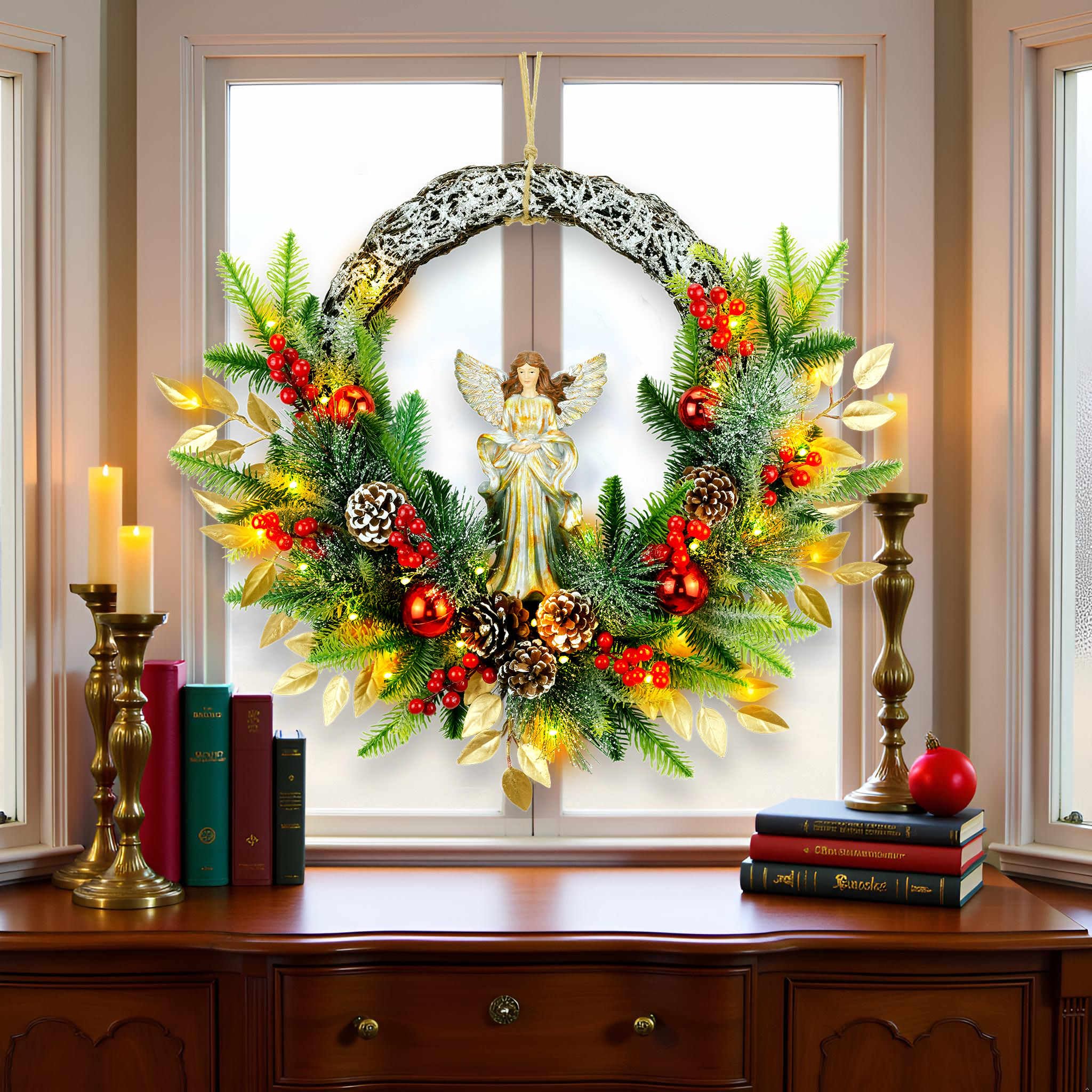 YULETIME 61 cm Engel Weihnachtskranz Künstlicher Urlaubskranz mit Harzengel Statue Natürlicher Rattanring & Tannenzapfen Goldene Blätter Rote Kugeln Fichtenzweige (Angel) (Keine Lichter)