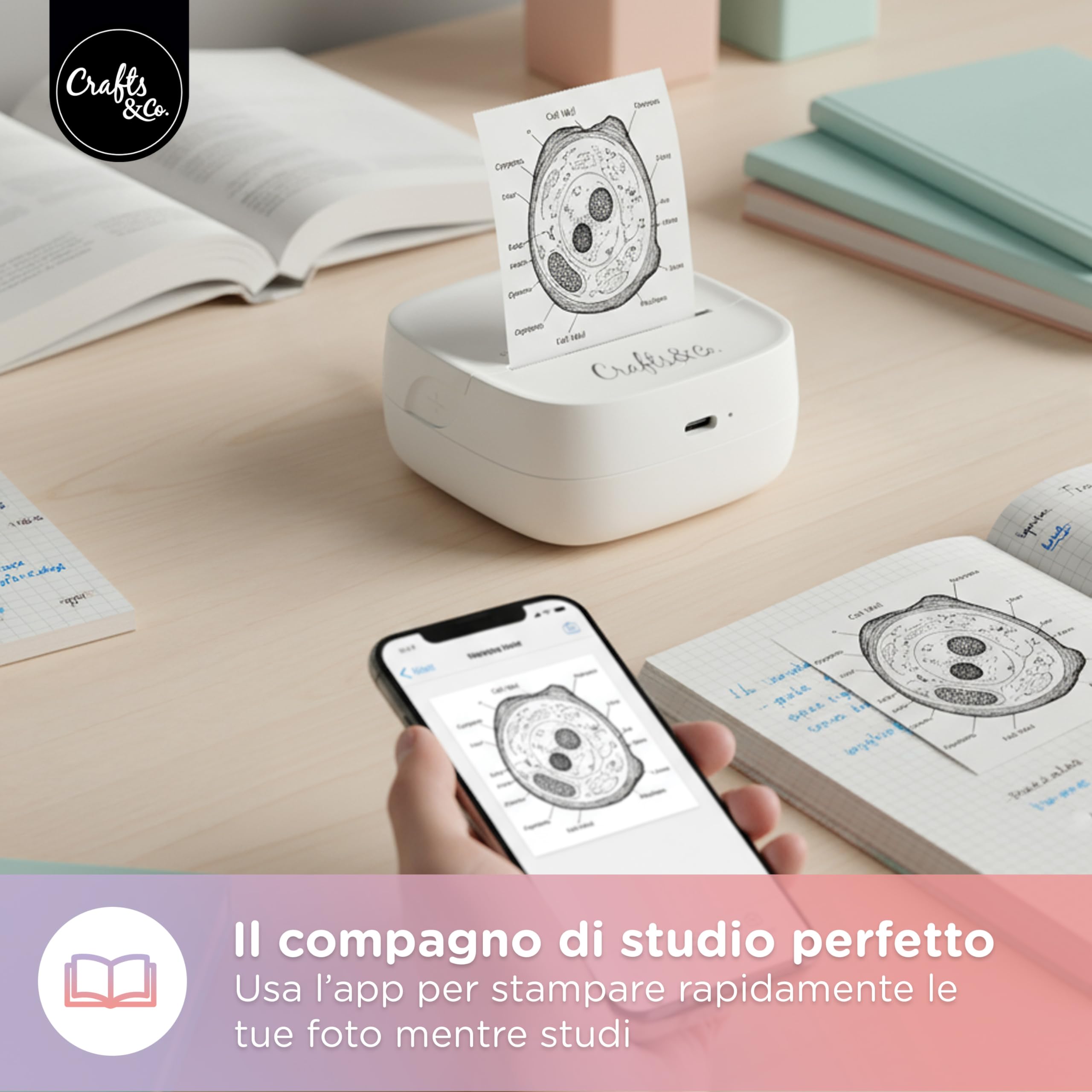 Crafts&Co Mini stampante tascabile | stampante portatile Bluetooth per smartphone adesivi e appunti, stampante termica senza inchiostro, dimensioni 8 x 8 x 3 cm, colore bianco
