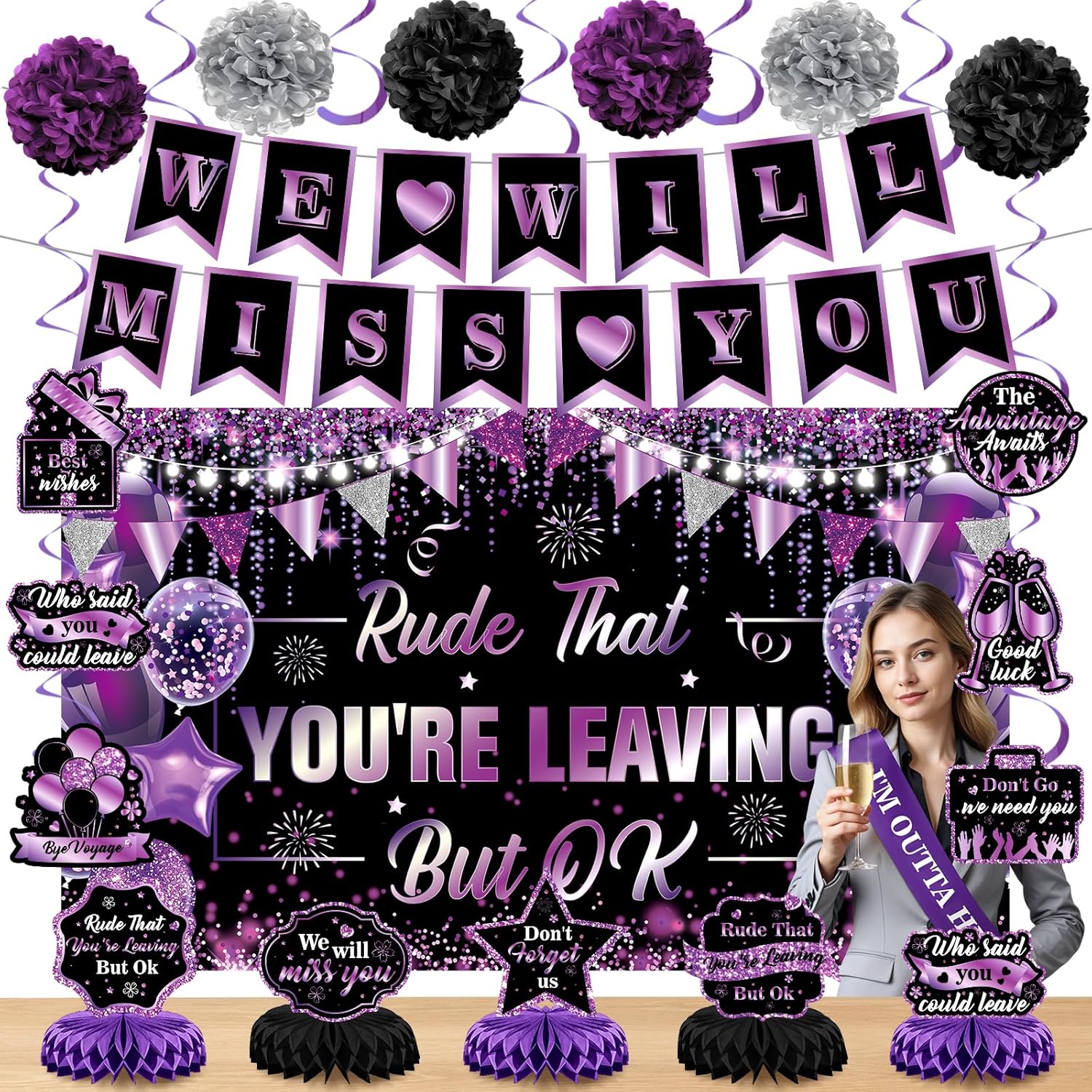 Purple Black Farewell Party Decorations We Will Miss You Rude That You're Leaving But Ok Banner Honeycomb Centerpiece Hanging Swirls for Coworker Employee Leaving Goodbye Going Away Party Supplies