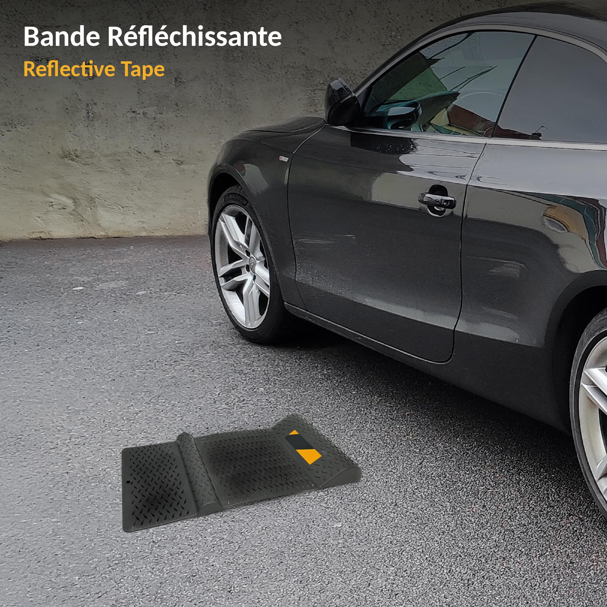Fishtec Fermaruota Parcheggio Interno Esterno - Aiuto Parcheggio Auto - Striscia Riflettente Alta visibilità - Garage Posto Auto Protezione Muro - Nero 52 x 25,5 x 27 cm