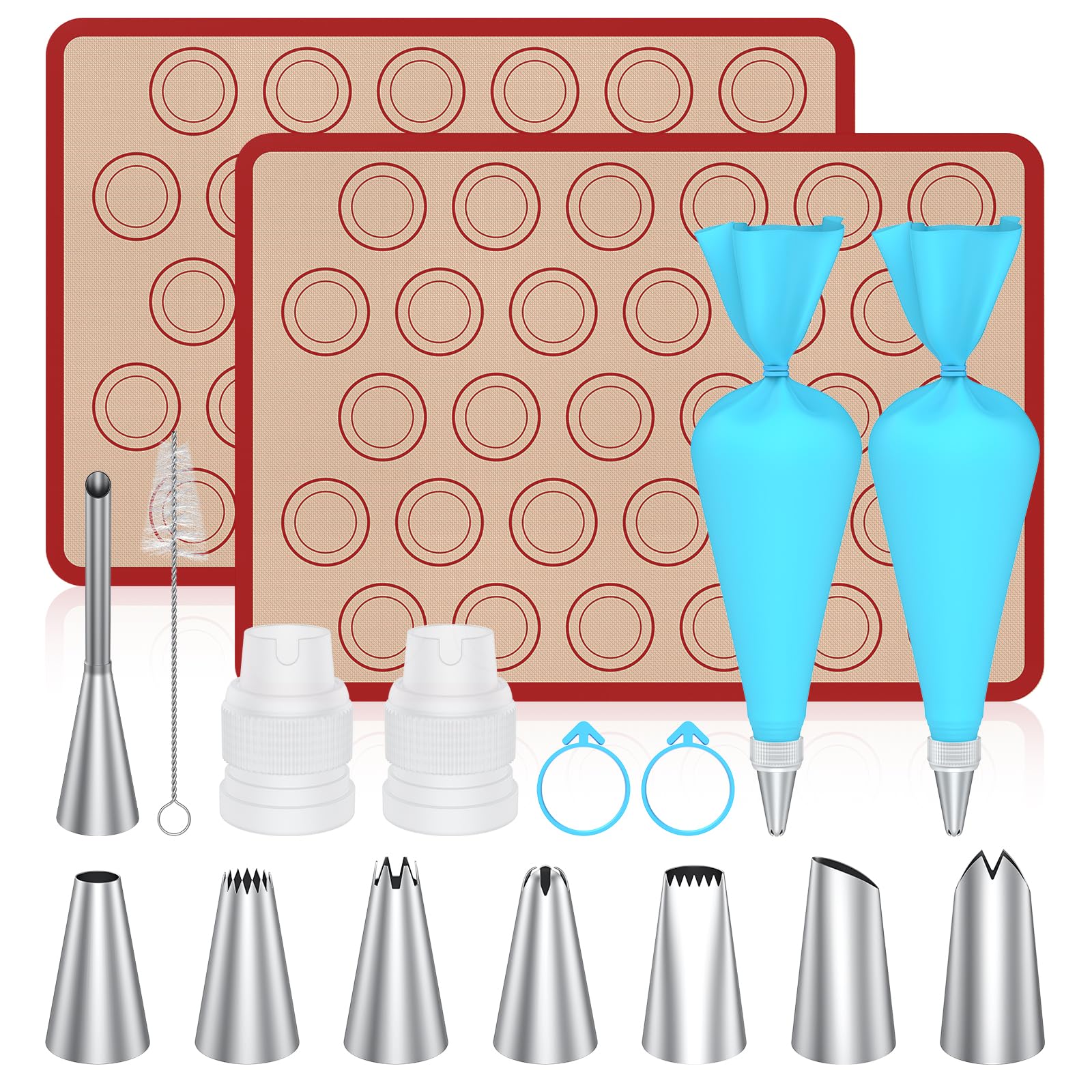Frapkom Macaron Silicone Baking Mats, 2 Nonstick Macaroon Mat Silicone, 7 Piping Tips, 2 Piping Bags, 2 Bag Ties, 2 Couplers, 1 Puff Tip, 1 Brushes, 17 Pcs Macaron Baking Kits for Macarons Cookies
