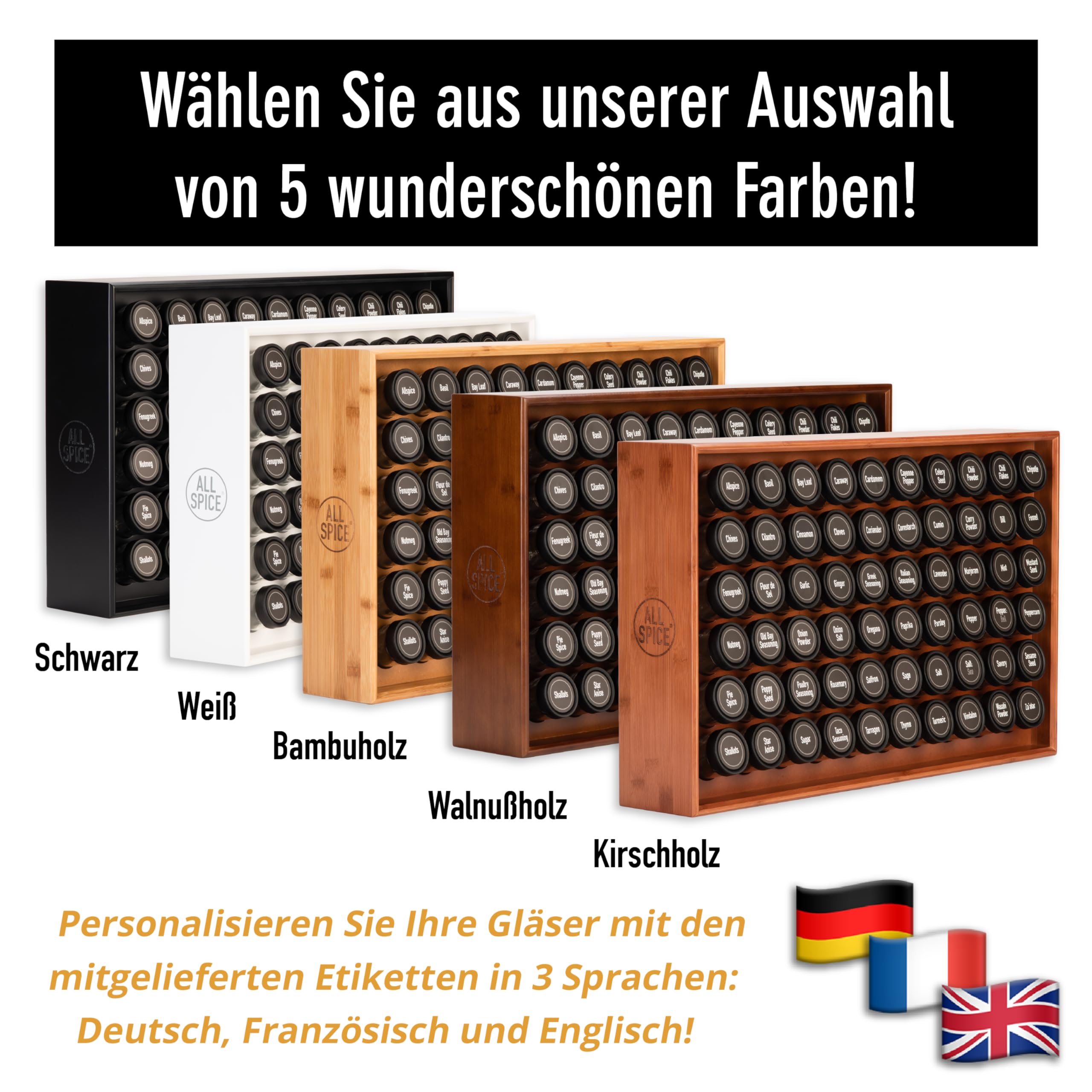 AllSpice Gewürzregal aus Holz, inkl. 60 Gläser 118 ml, Walnussholz