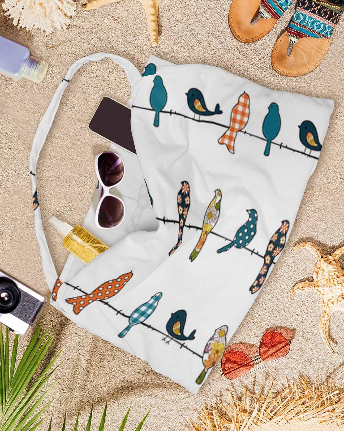 Birds Flowers Beach Pool Patio Lounge Chaise Chair Cover Towel With Pockets,Absorbent & Quick Dry Microfiber Towel Cover Bag Summer Accessories for Sunbathing Blue Boho Polka Dot Plaid Orange Teal