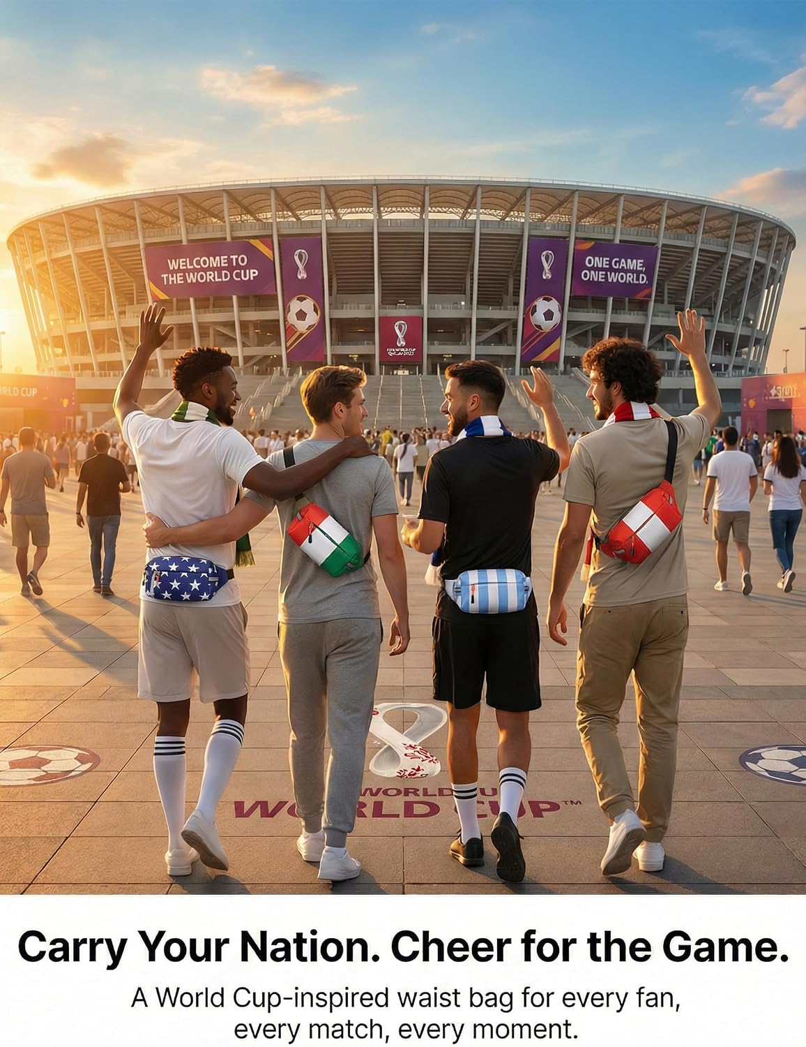 Fanny Pack for 2026 USA Soccer Fans, Lightweight 2L Water-Resistant Nylon Belt Bag for Men & Women, Crossbody Waist Pack for Stadium, Travel, Running, Game Day for BRA ESP CAN FRA ARG MEX POR