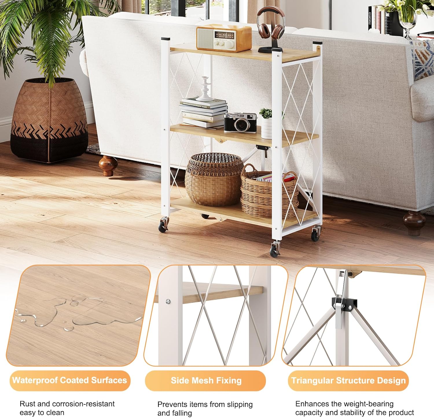 3 Tier Folding Shelf with Wheels, Metal Steel Collapsible Shelves, Folding Bookshelf no Assembly, Portable Folding Storage Shelves, Rolling Standing Utility Rack for Kitchen, Office, Bedroom, Natural - Image 5