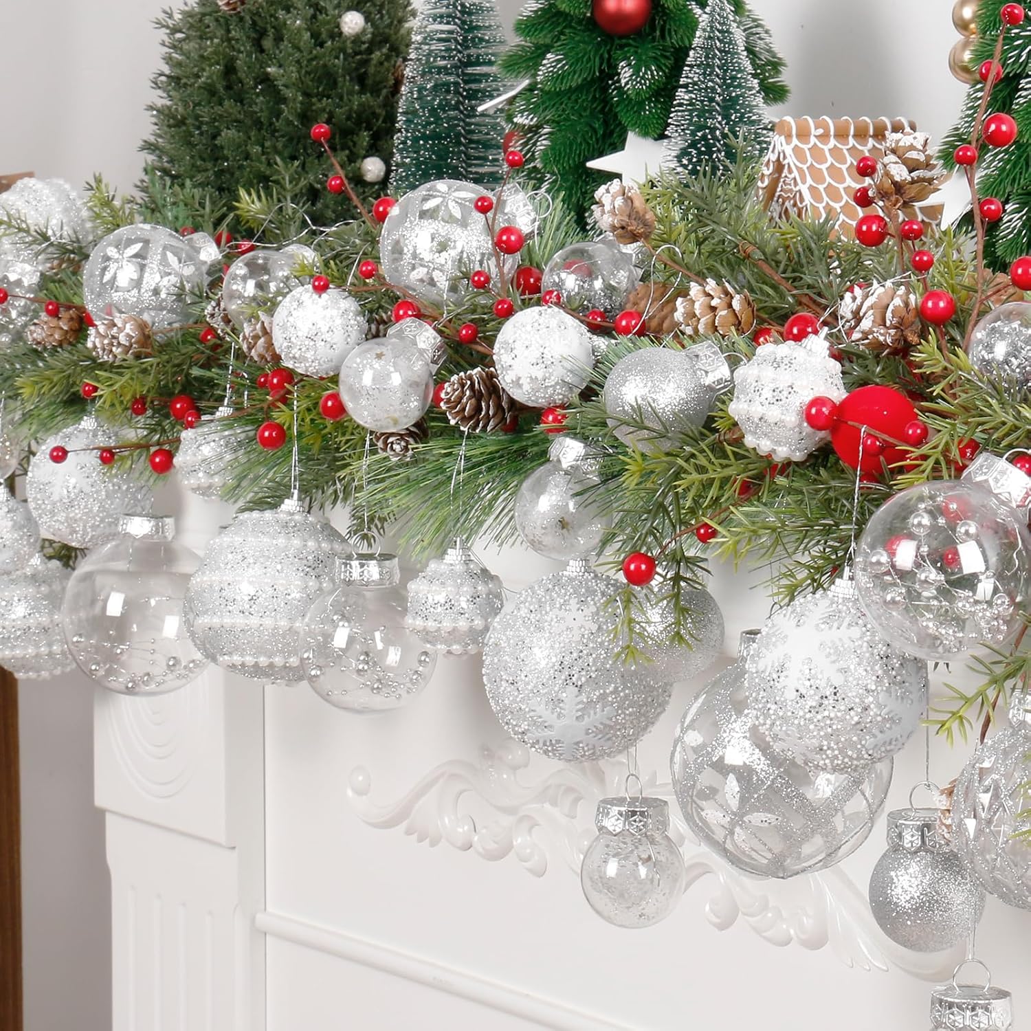 Super Holiday Christmas Ball Ornaments, 33PCS Silver Clear Shatterproof Plastic Foam Ornaments Set for Hanging Xmas Tree Holiday Thanksgiving Party Decor. - Image 6
