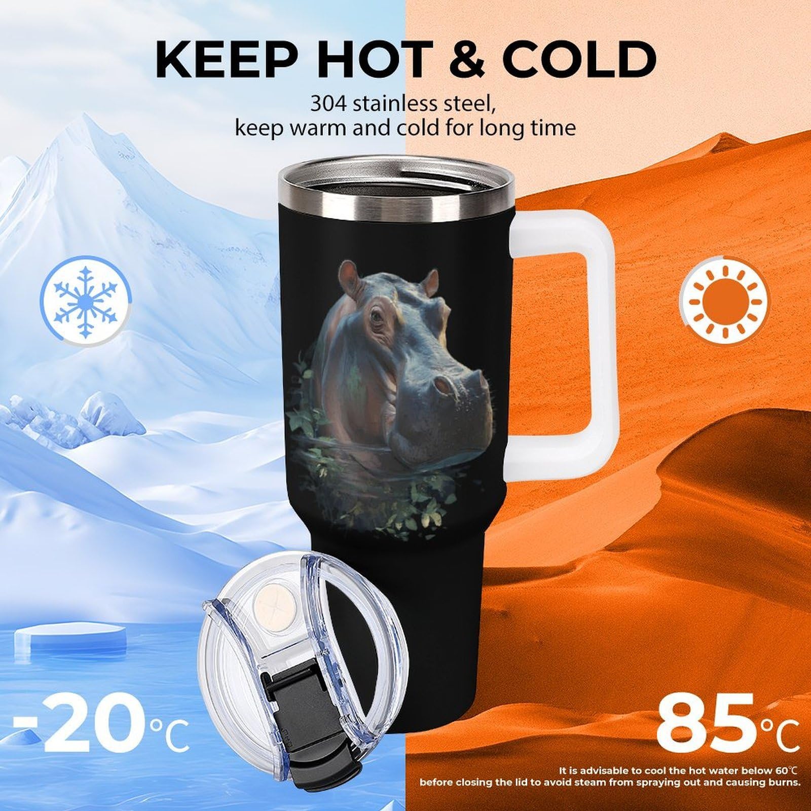 Nilpferd in Nature Trendy Trinkglas mit Henkel, 1134 g, weiß | Doppelwandiger, auslaufsicherer, isolierter Auto-Reisebecher aus Edelstahl