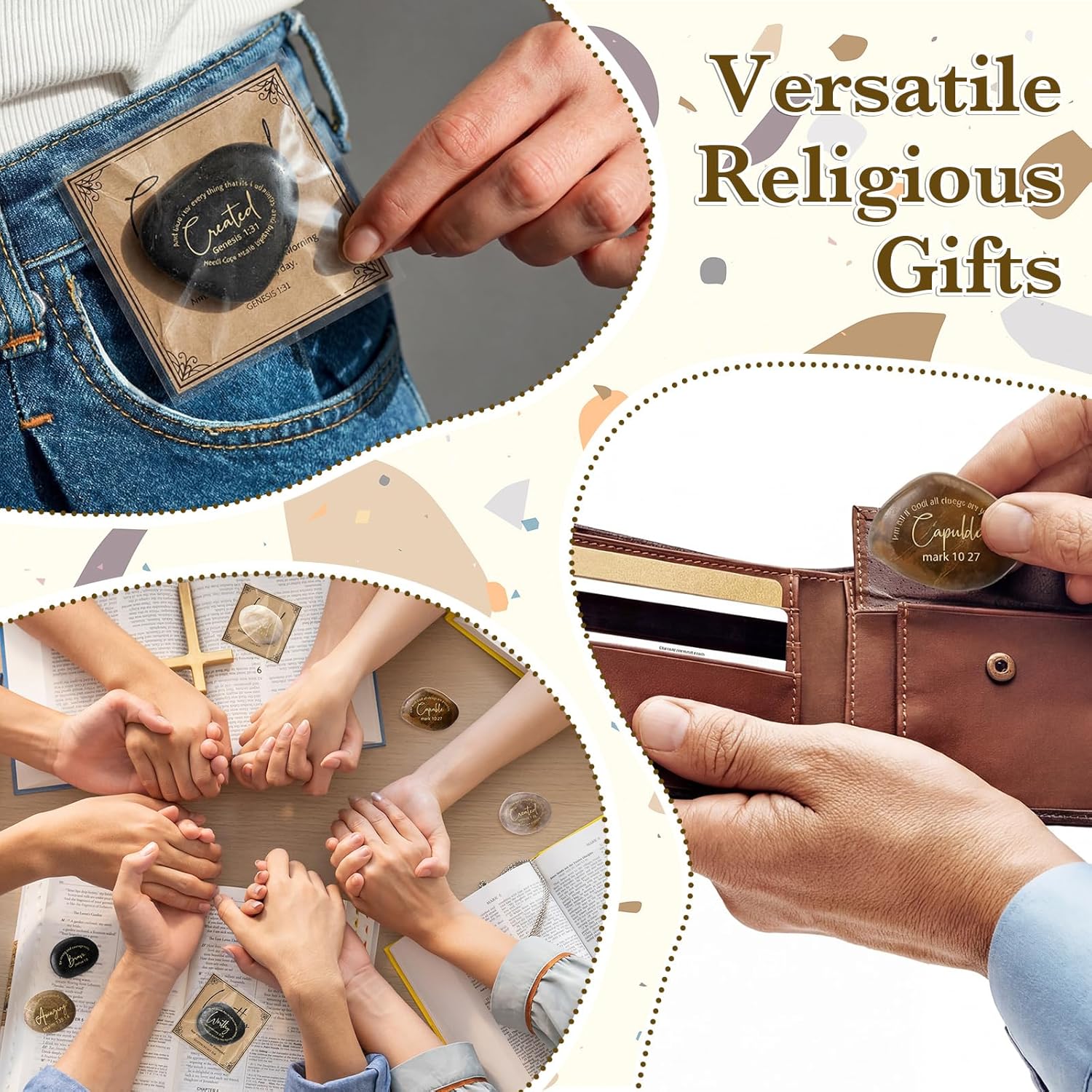 Geelin 36 Sets Bible Verses Scripture Stones with Christian Inspirational Card Religious Rocks Engraved Stones with Prayer Words for Women Men (Elegant)