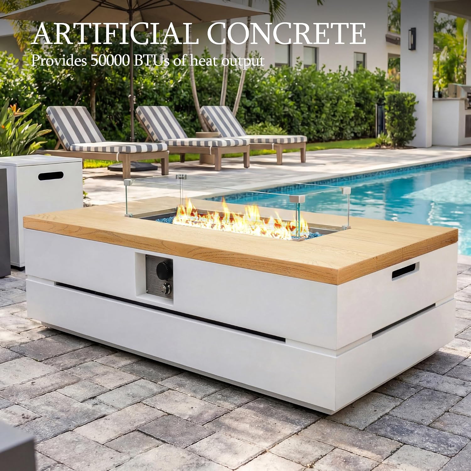UPHA 50-inch Outdoor Patio Propane Gas Fire Pit Table 50000 BTU Concrete Round Firepit with ABS Tank Hidden Table, Wind Guard, Blue Glass Rocks, Rain Cover, Pure White Natural Wood Finish