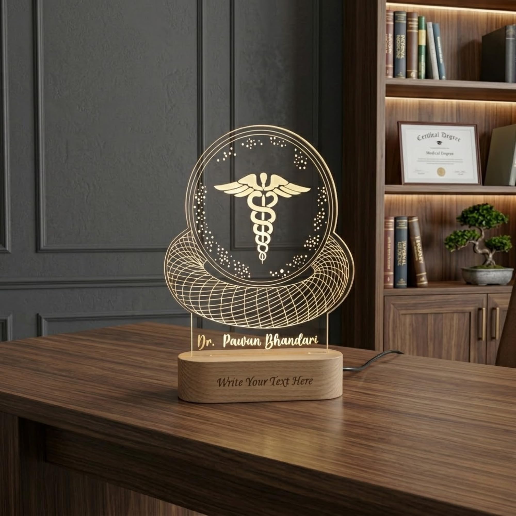 SHAYONA Personalized Customized Doctor Name and Hospital Name Engraving on Wooden Base Warm White Color Table Desktop Led Lamp-22CM