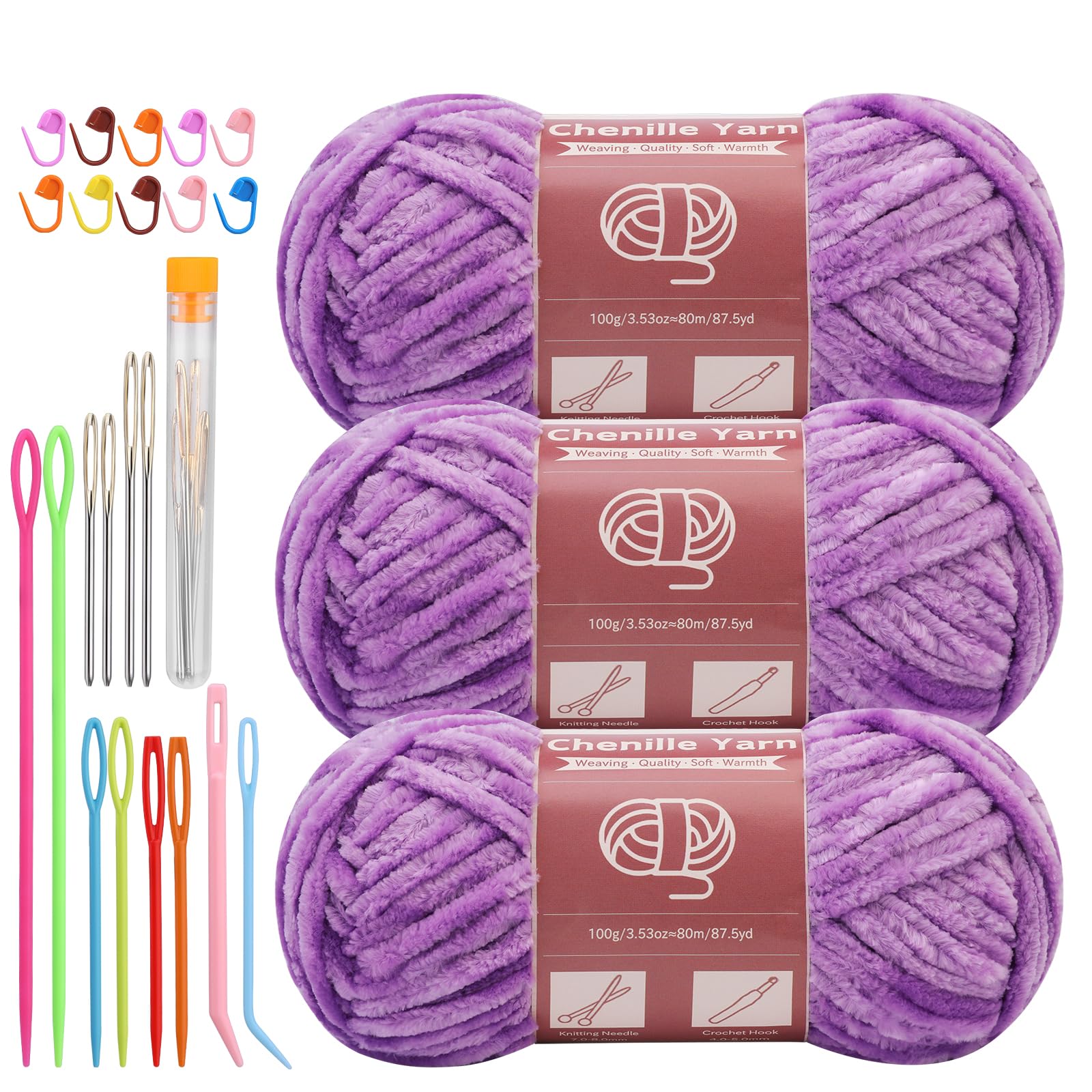 LUNARM Chenille Yarn 3 Pack 3.5oz Chunky Blanket Velvet Yarn 263 Yard | Light Purple Chunky Chenille Yarn for Beginners Crocheting Hand Knitting Scarves with Big Eye Needles Machine Washable