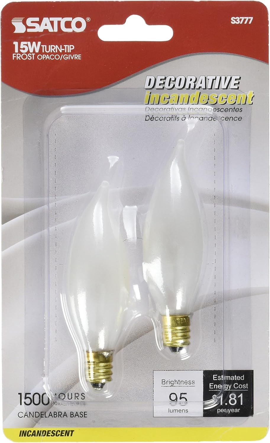 Satco Products S3777 120-Volt 15CA8 Candelabra Base Frosted Light Bulb