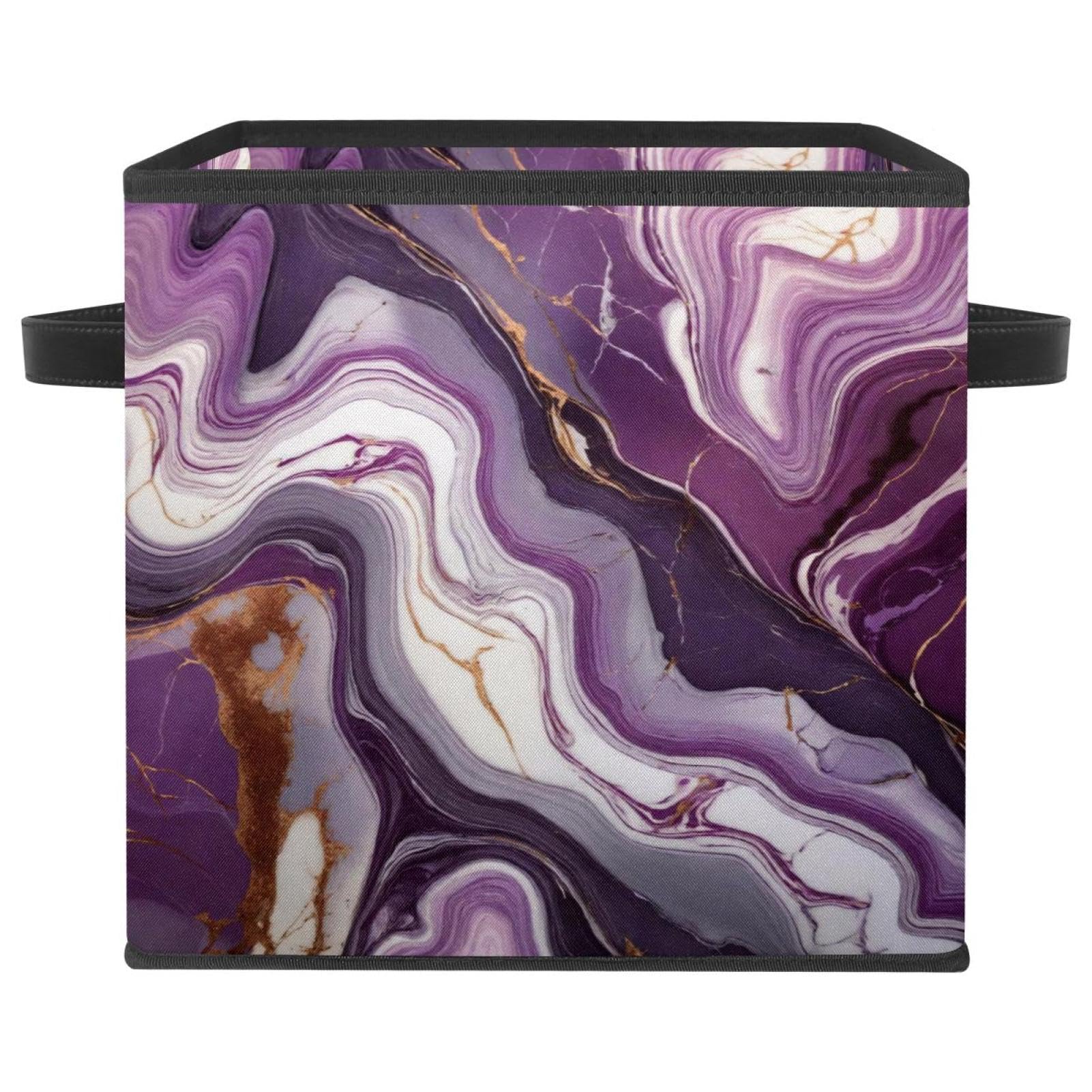 Boîte de rangement pliable marbre violet avec poignées en cuir grand cube de maison