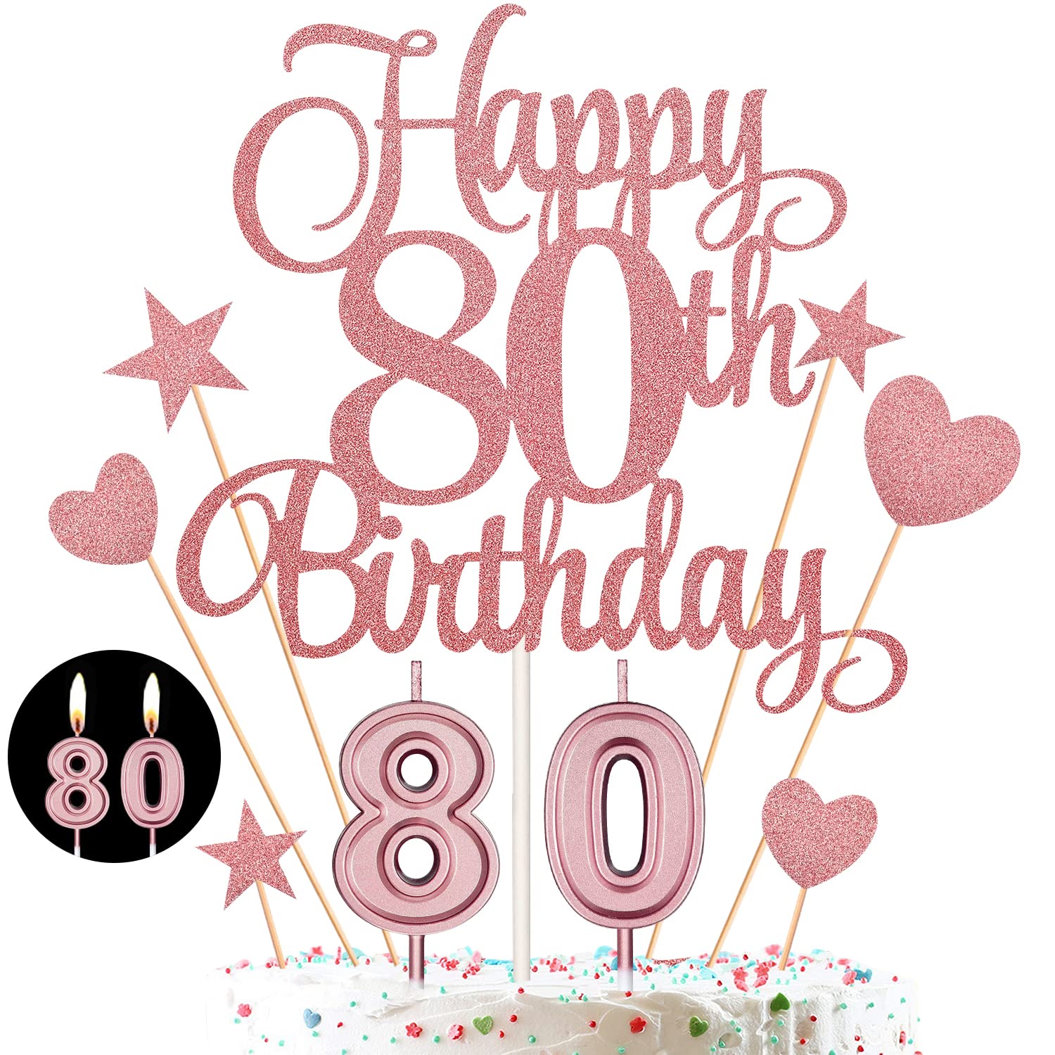 80th Birthday Cake Decorations Set Include 80th Birthday Candles Numeral 80 Cake Candles and Happy 80th Birthday Cake Toppers with Heart Star Cupcake Picks for Birthday Party (Rose Gold Series)