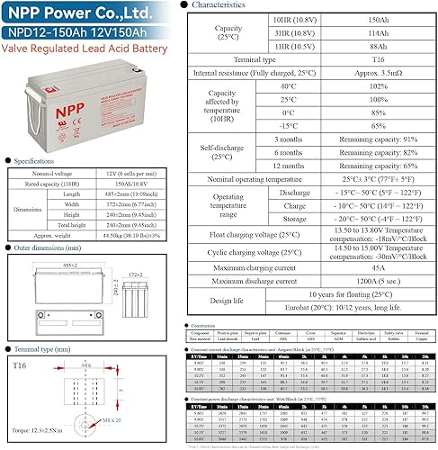 Miniatura 7 de NPP NPD12-150Ah (2 piezas) 12V 150Ah AGM batería recargable de ciclo profundo, reemplazo de RV, sistemas solares, baterías marinas