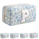 JOVAKIT Alphabet Makeup Bag Cosmetic Bag for Women&comma; Christmas Gifts for Girls Age 6-18&comma; Floral Flowers Coquette Travel Toiletry Zipper Make Up Pouch Organizer Trendy Stuff &lpar;Blue Floral P&rpar;