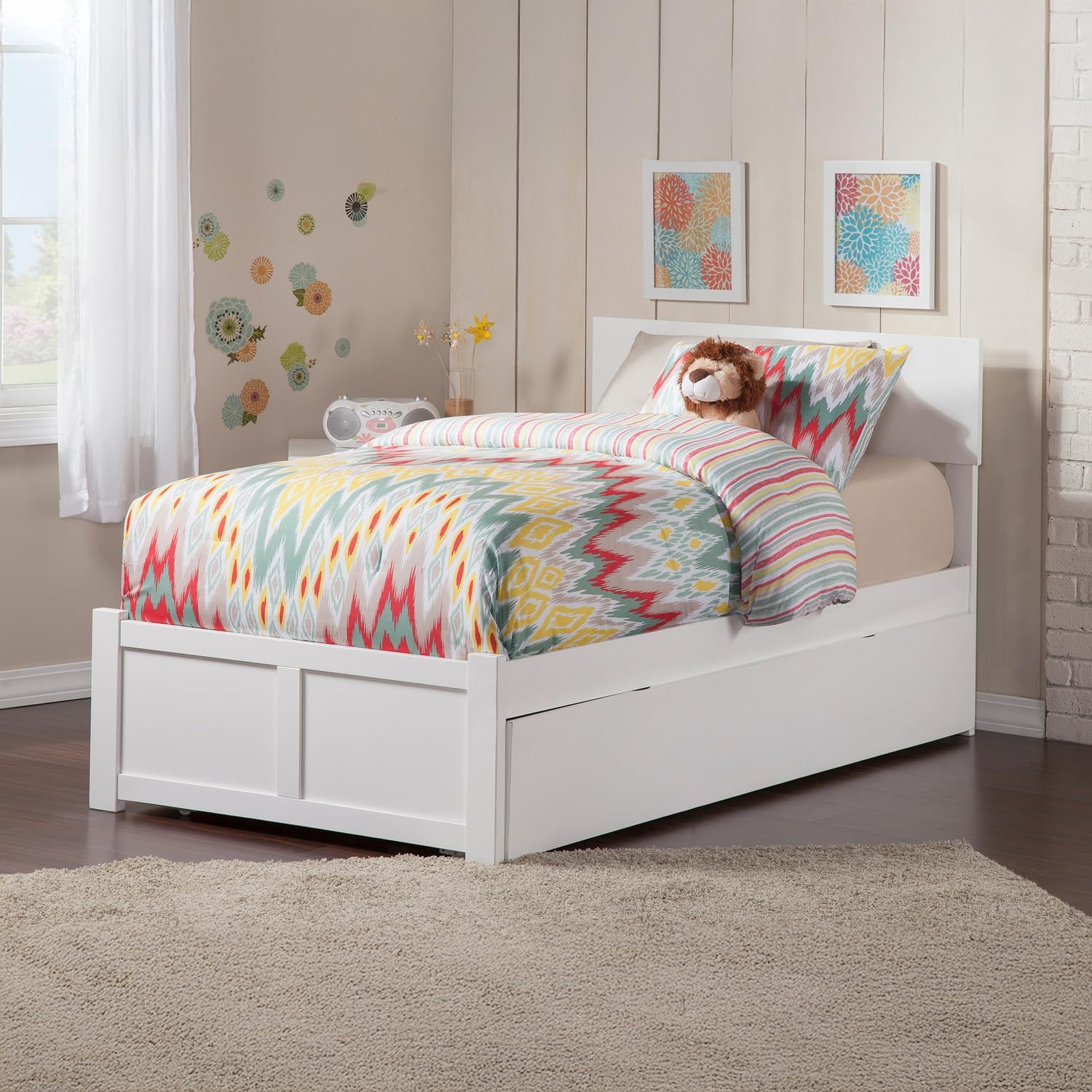 Rustic Retreat Full Bed with Trundle - White Platform Bed Frame, Sturdy & Stylish Bedroom Furniture